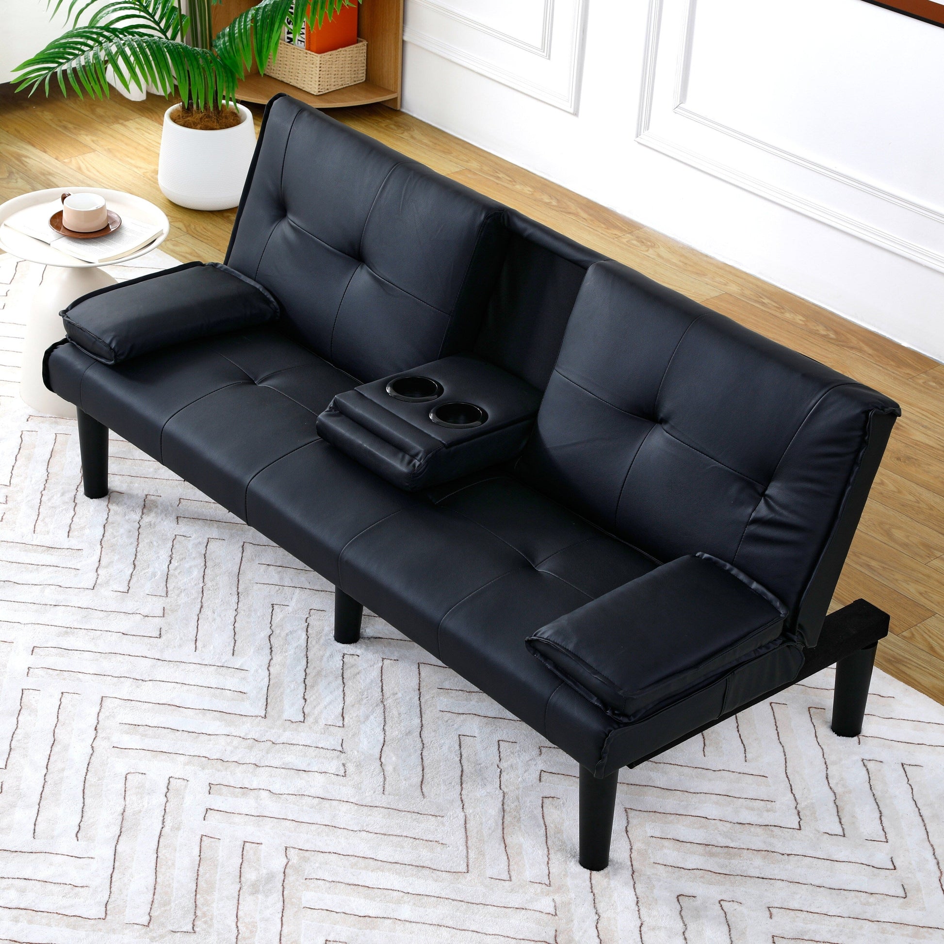 Canapé-lit pliable noir en PVC de 67 pouces avec porte-gobelets pour salon, chambre d'amis, dortoir, bureau