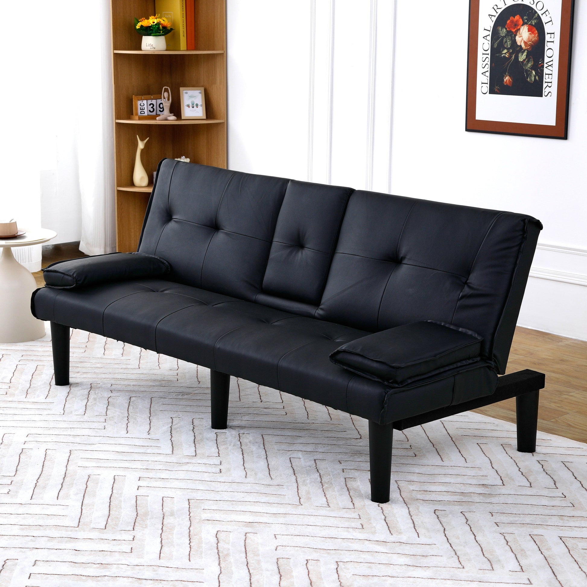 Canapé-lit pliable noir en PVC de 67 pouces avec porte-gobelets pour salon, chambre d'amis, dortoir, bureau