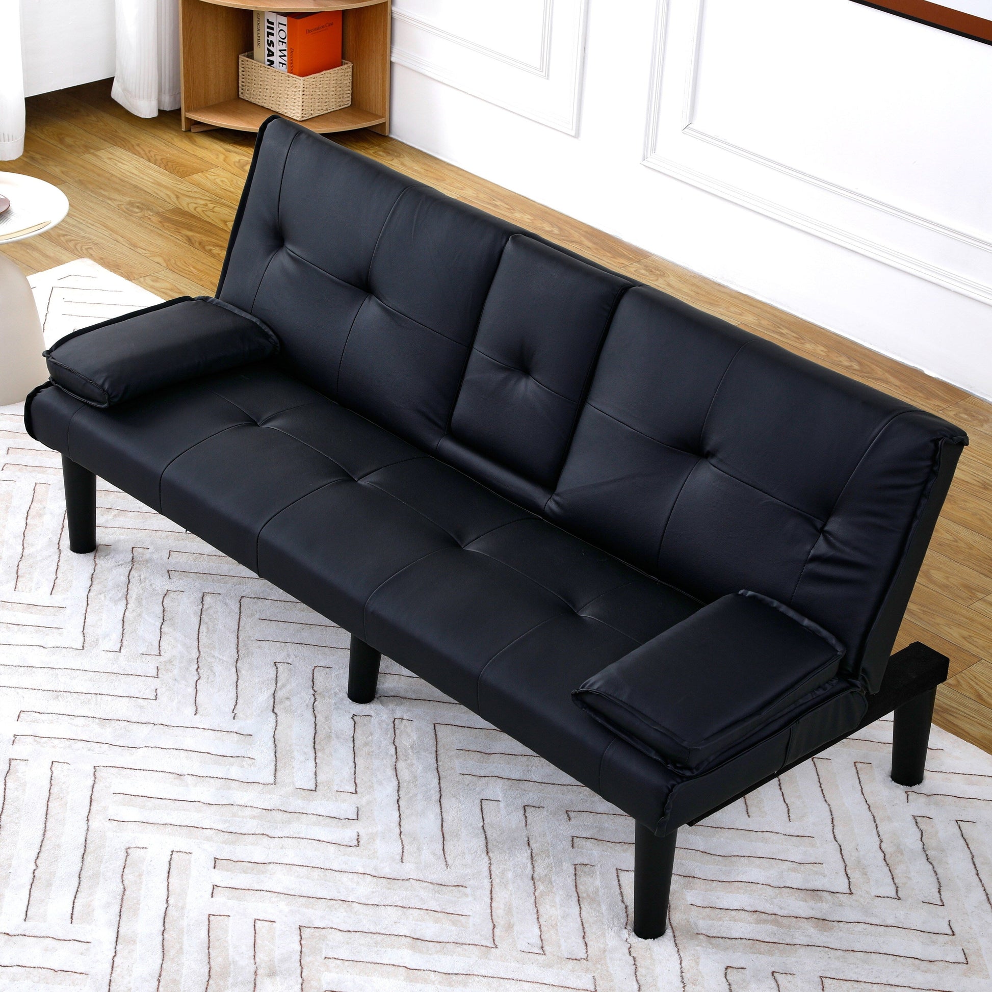 Canapé-lit pliable noir en PVC de 67 pouces avec porte-gobelets pour salon, chambre d'amis, dortoir, bureau