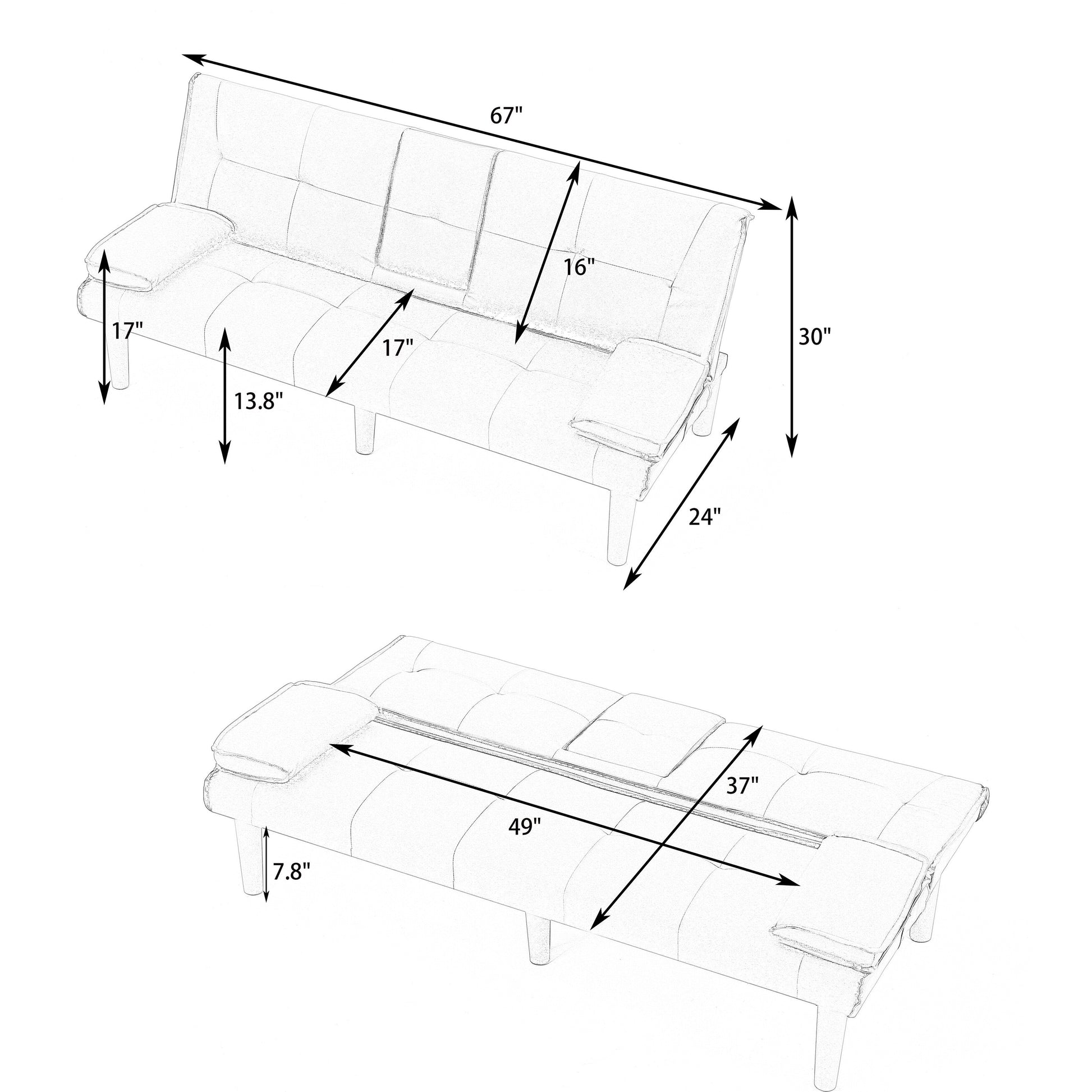 Canapé-lit pliable noir en PVC de 67 pouces avec porte-gobelets pour salon, chambre d'amis, dortoir, bureau
