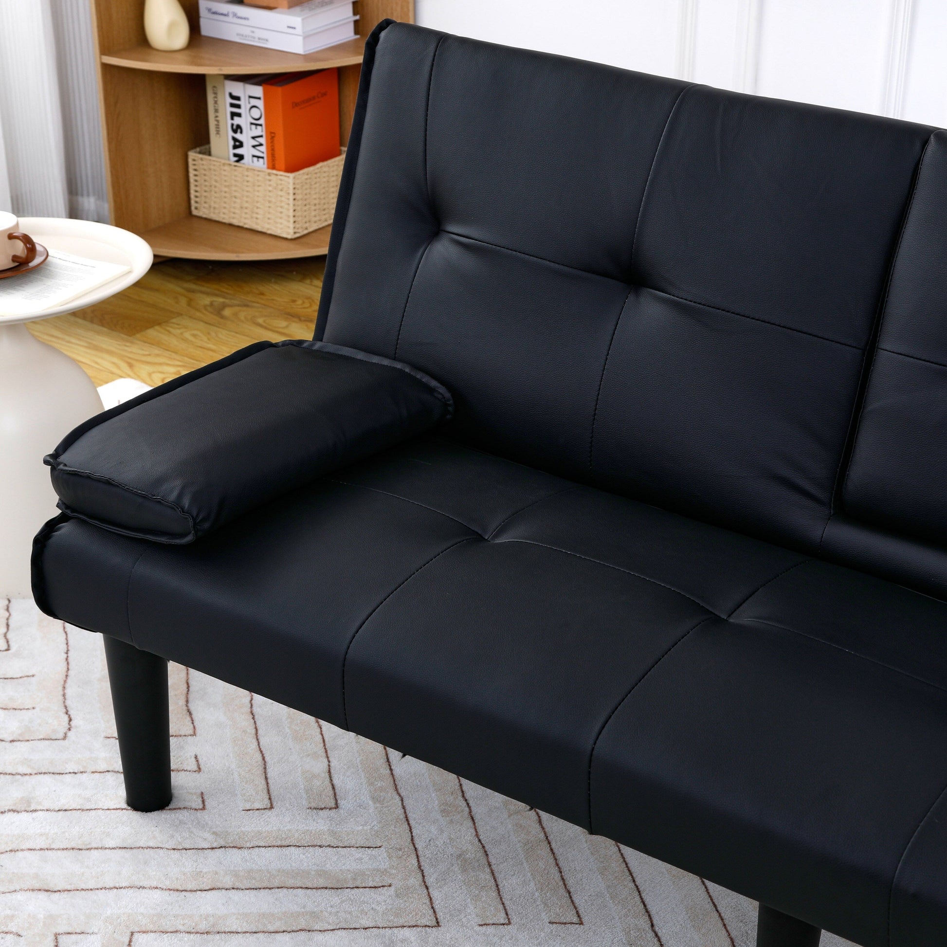 Canapé-lit pliable noir en PVC de 67 pouces avec porte-gobelets pour salon, chambre d'amis, dortoir, bureau