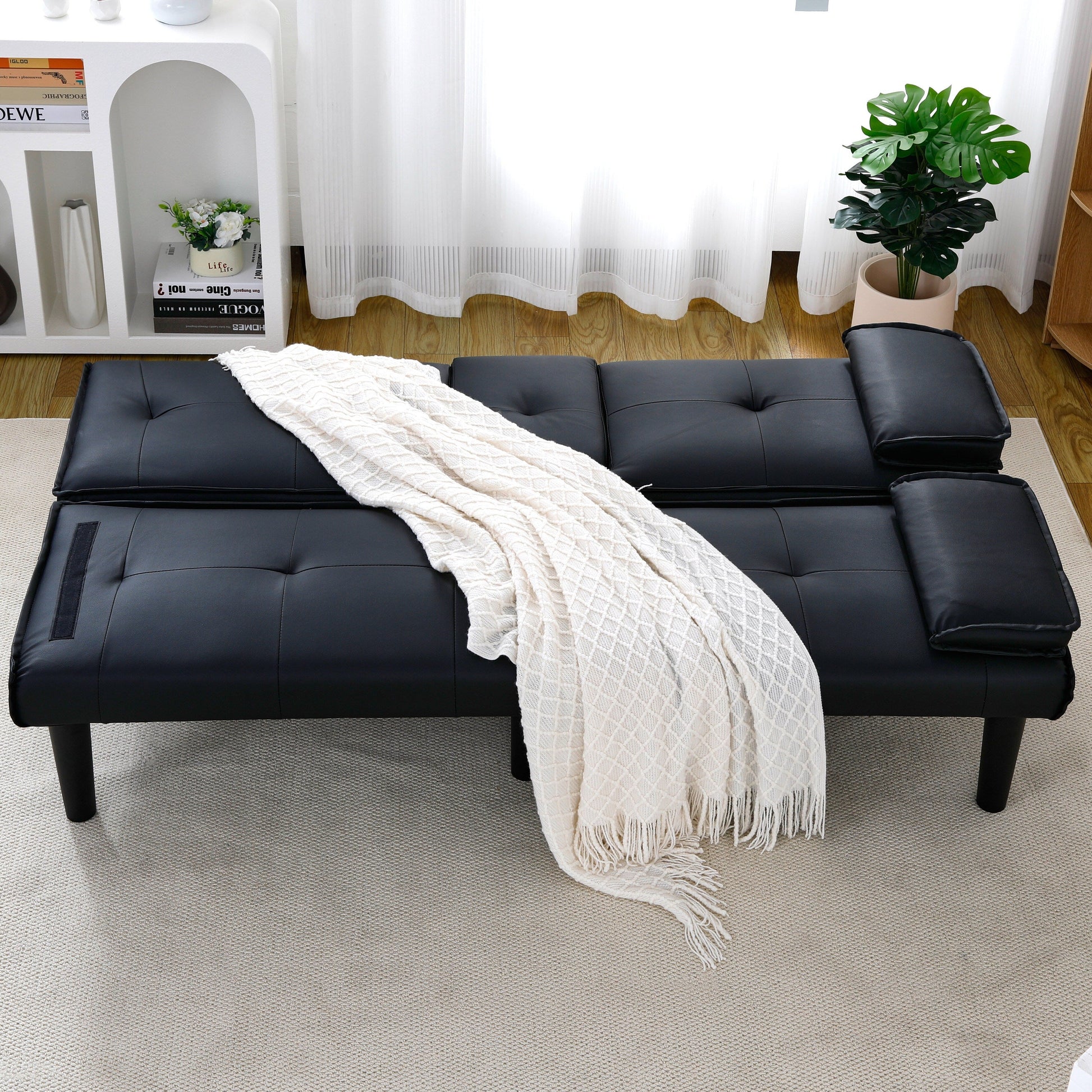 Canapé-lit pliable noir en PVC de 67 pouces avec porte-gobelets pour salon, chambre d'amis, dortoir, bureau
