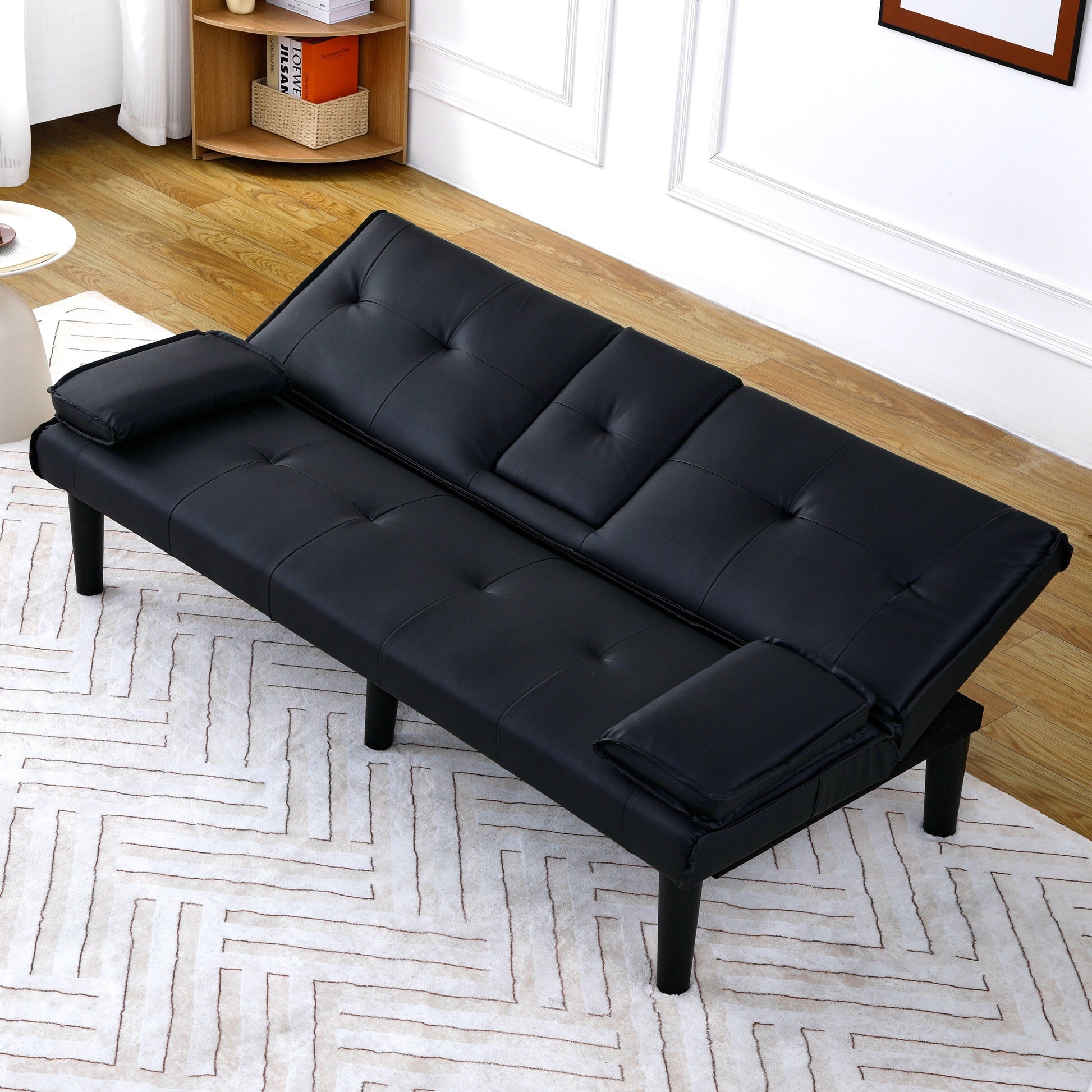 Canapé-lit pliable noir en PVC de 67 pouces avec porte-gobelets pour salon, chambre d'amis, dortoir, bureau