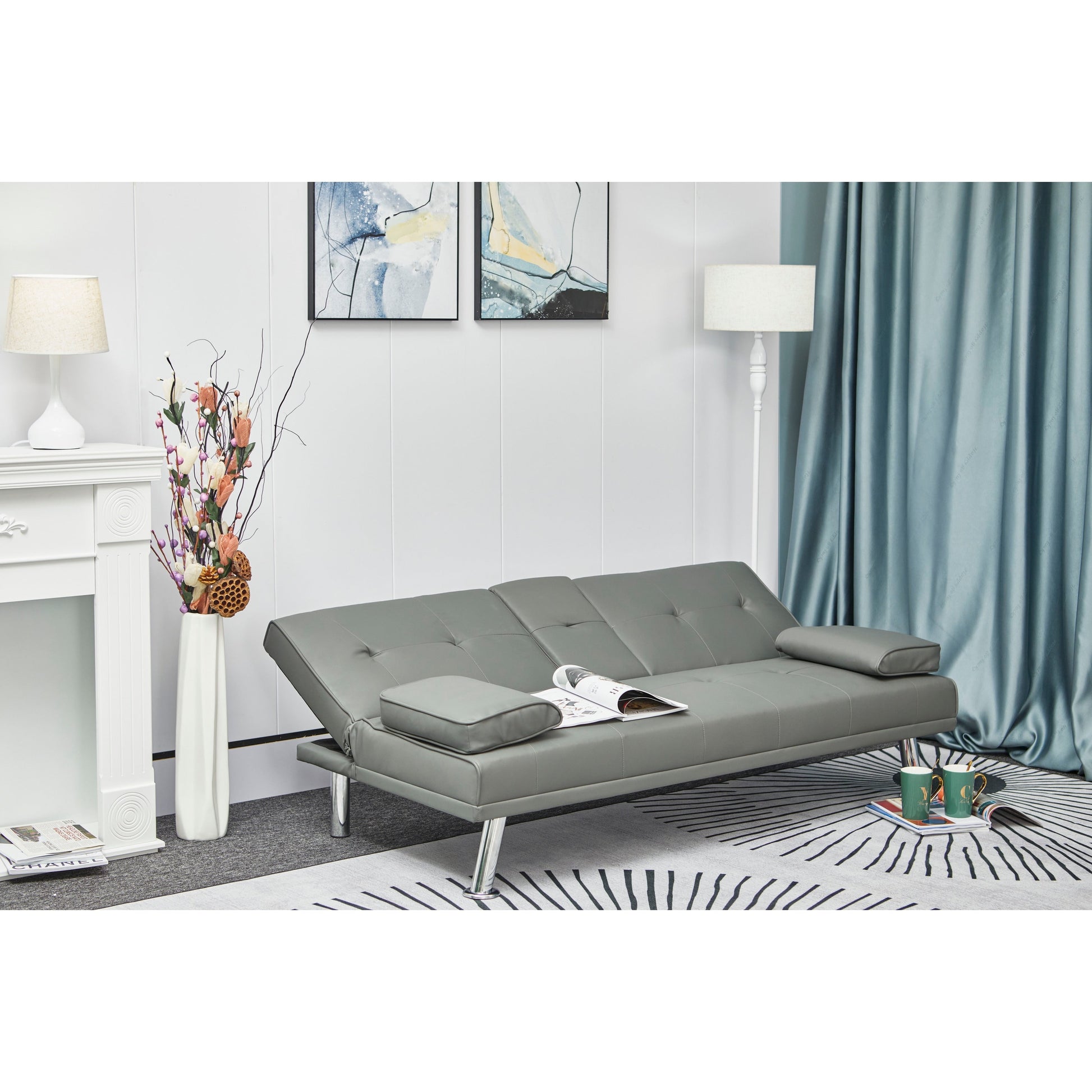 Canapé-lit double multifonctionnel pliable en PU avec table basse (67)