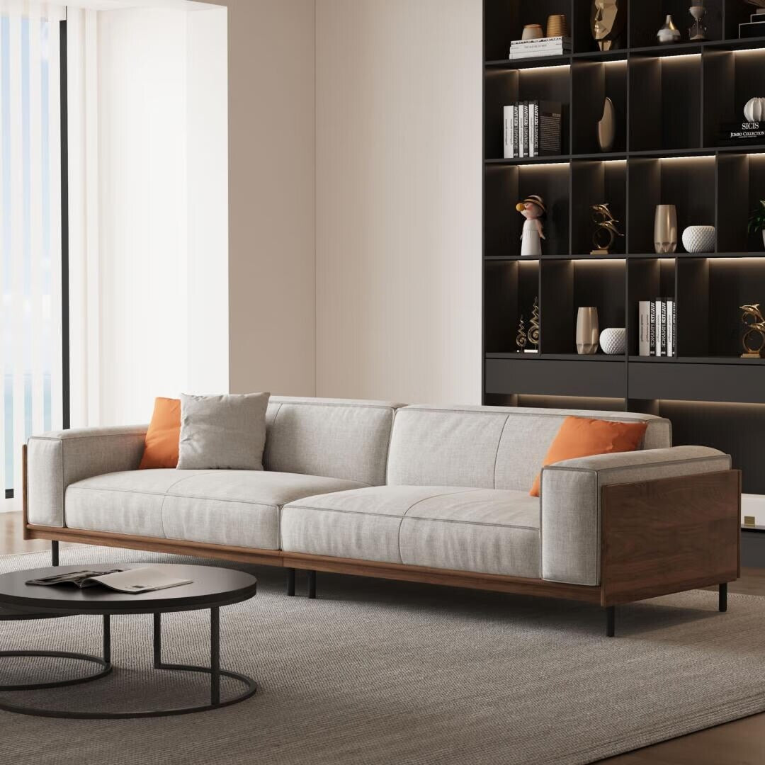 Canapé polyvalent en bois massif avec coussins en mousse compressible, 278 cm, pour salon moderne, 4 places.