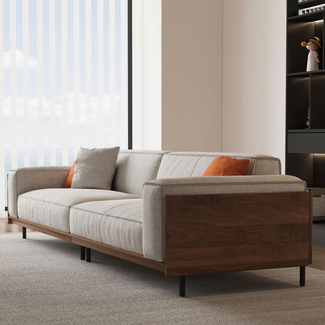 Canapé polyvalent en bois massif avec coussins en mousse compressible, 278 cm, pour salon moderne, 4 places.