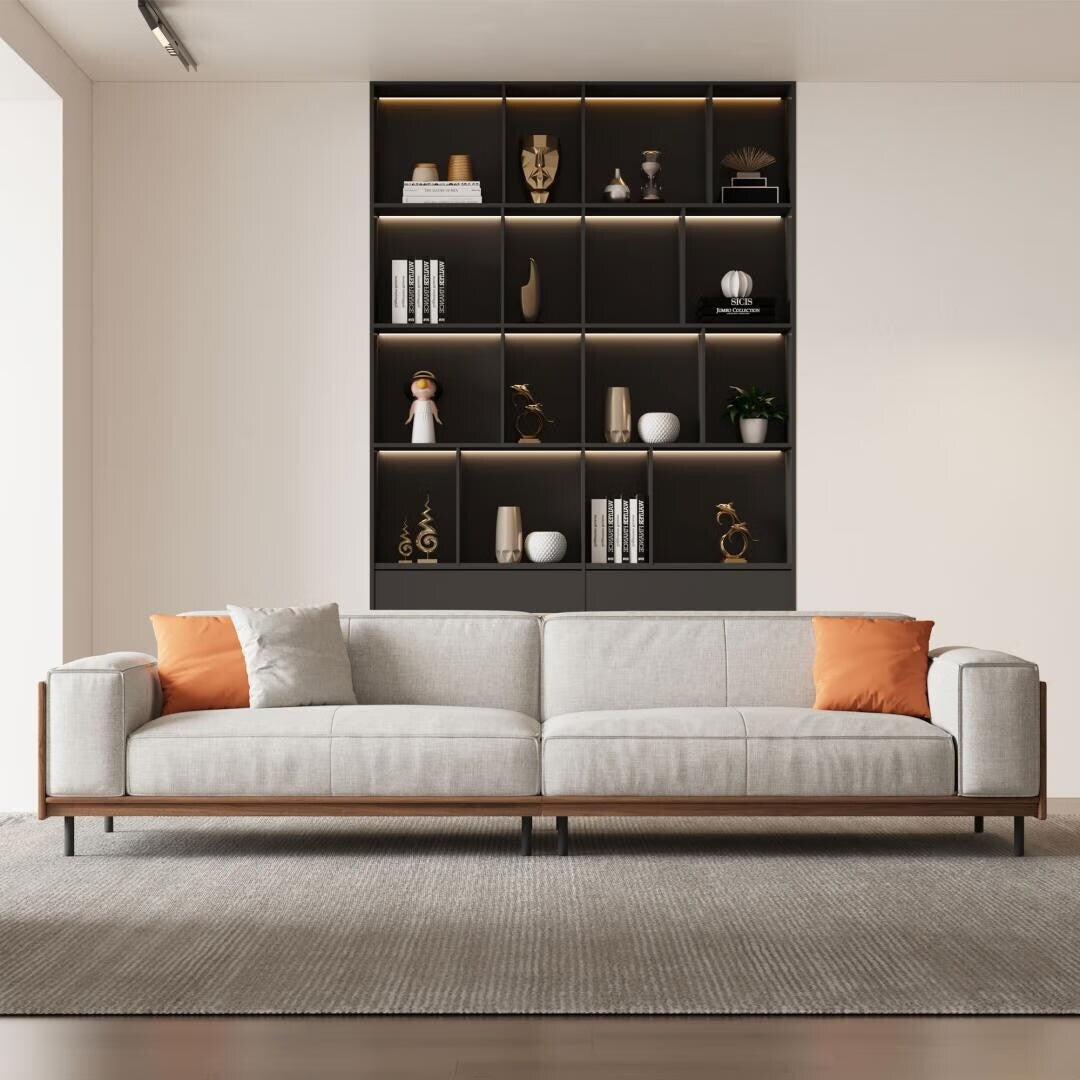 Canapé polyvalent en bois massif avec coussins en mousse compressible, 278 cm, pour salon moderne, 4 places.