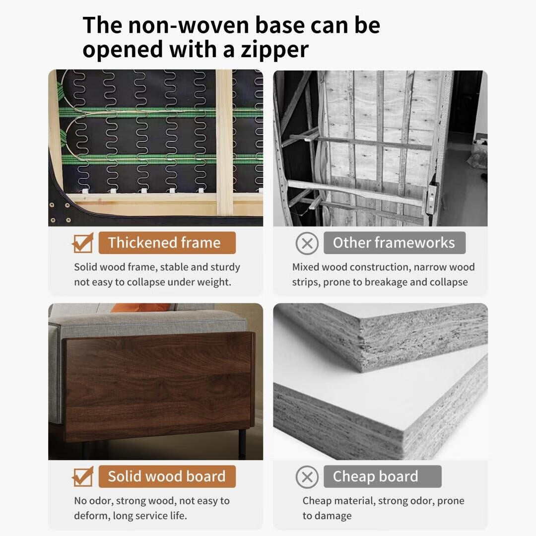 Canapé polyvalent en bois massif avec coussins en mousse compressible, 278 cm, pour salon moderne, 4 places.