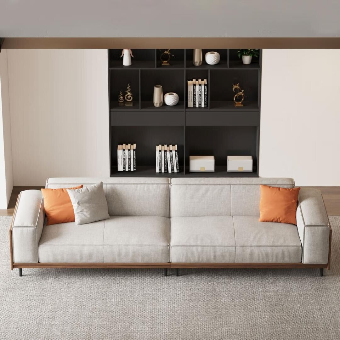 Canapé polyvalent en bois massif avec coussins en mousse compressible, 278 cm, pour salon moderne, 4 places.