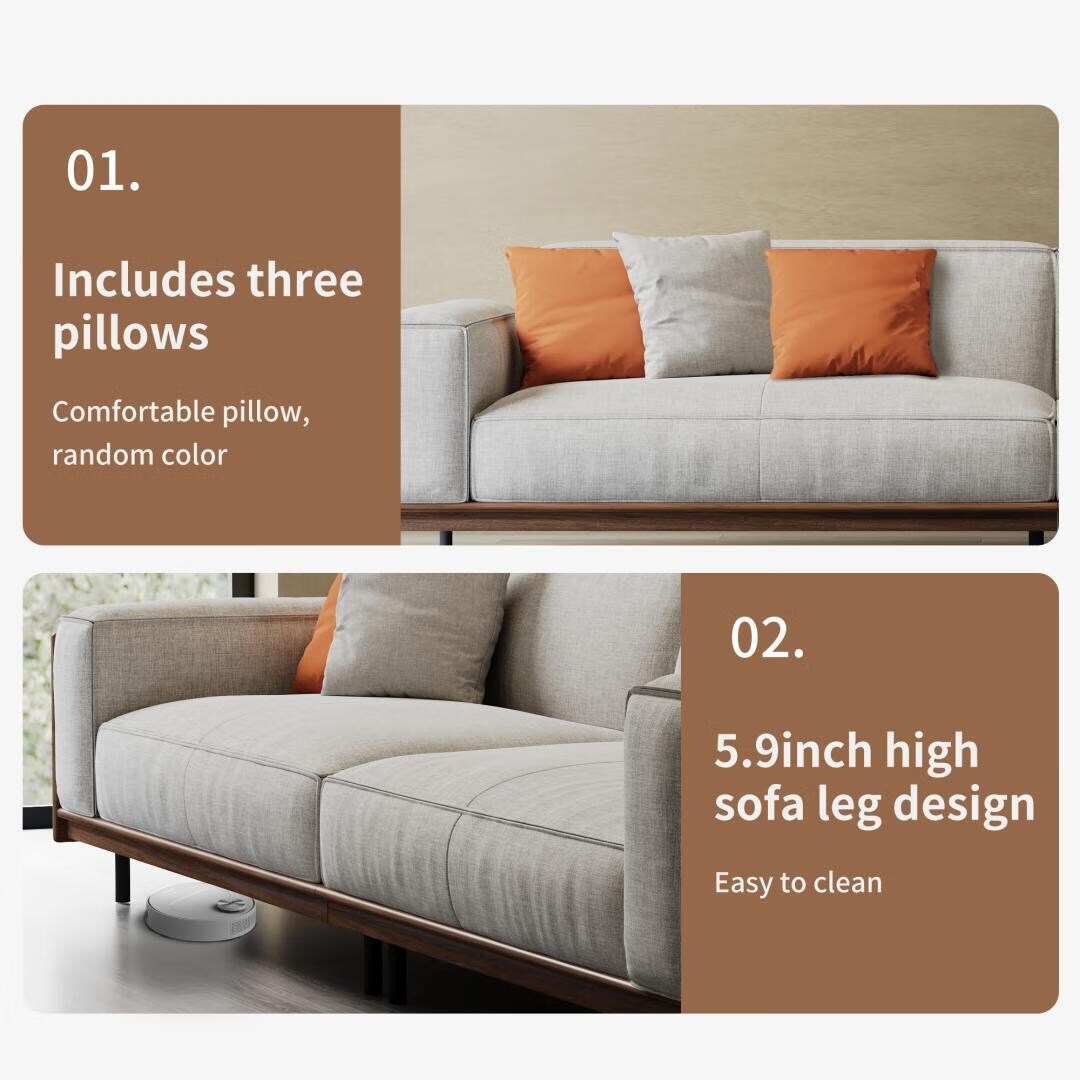 Canapé polyvalent en bois massif avec coussins en mousse compressible, 278 cm, pour salon moderne, 4 places.