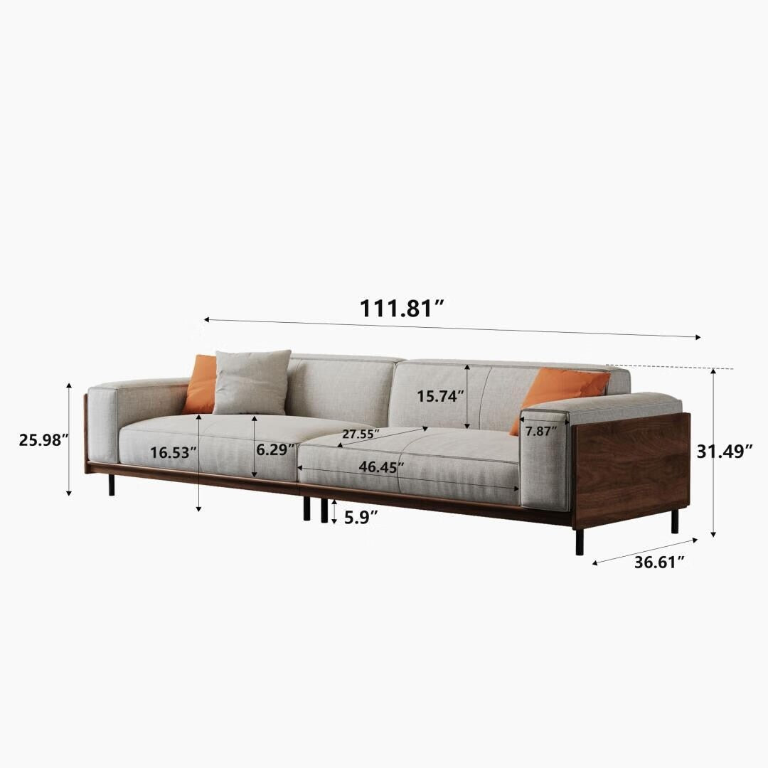 Canapé polyvalent en bois massif avec coussins en mousse compressible, 278 cm, pour salon moderne, 4 places.