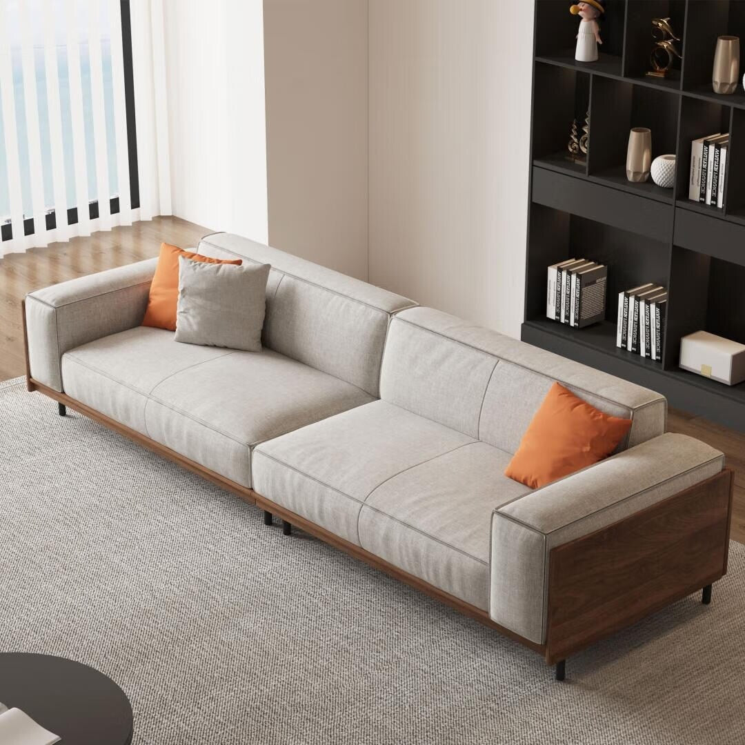 Canapé polyvalent en bois massif avec coussins en mousse compressible, 278 cm, pour salon moderne, 4 places.