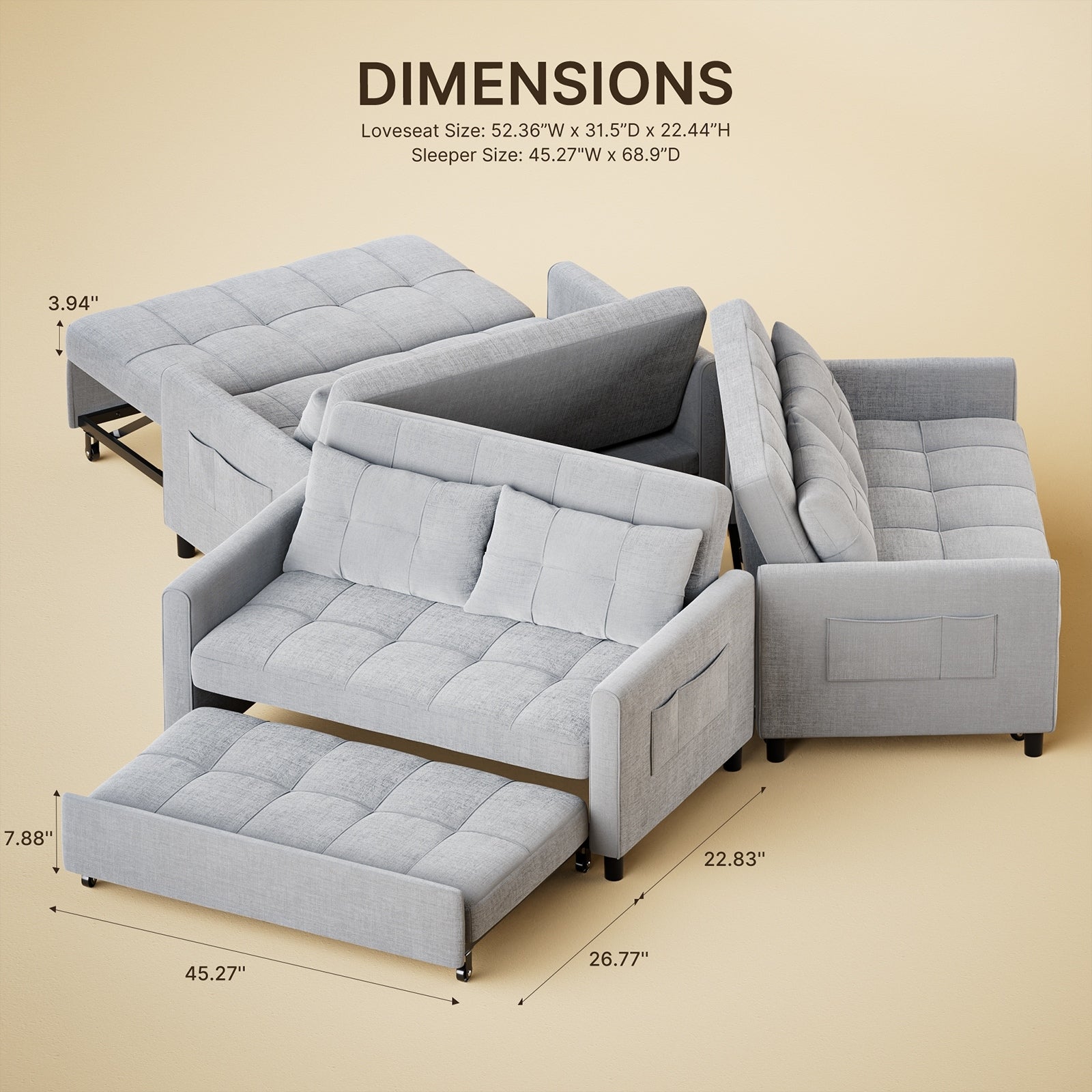 Canapé-lit convertible 3-en-1, chaise longue, méridienne, avec lit escamotable, en velours/tissu