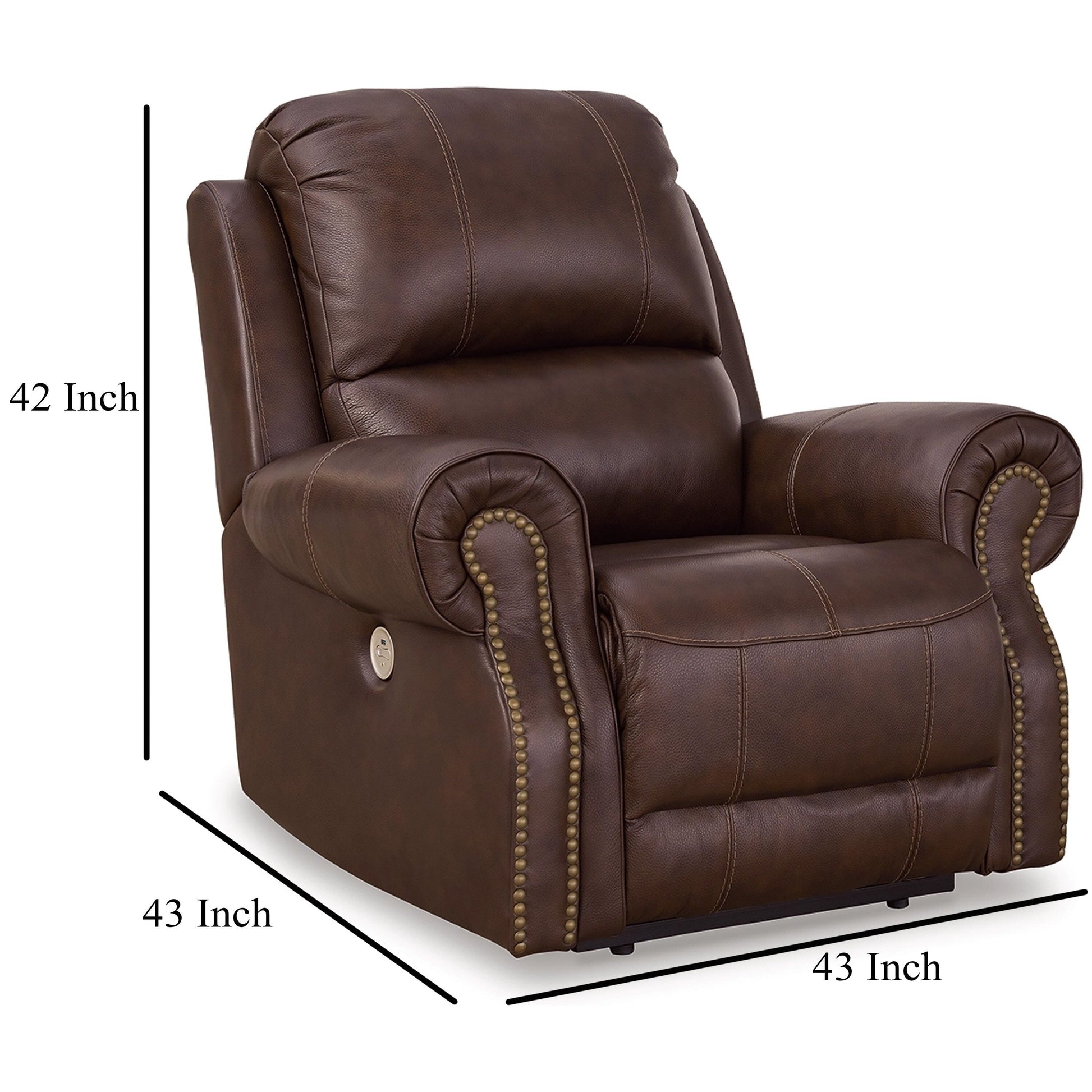 Freye Power Recliner, USB, Zero Wall Dark Brown Leather, Nailhead Trim