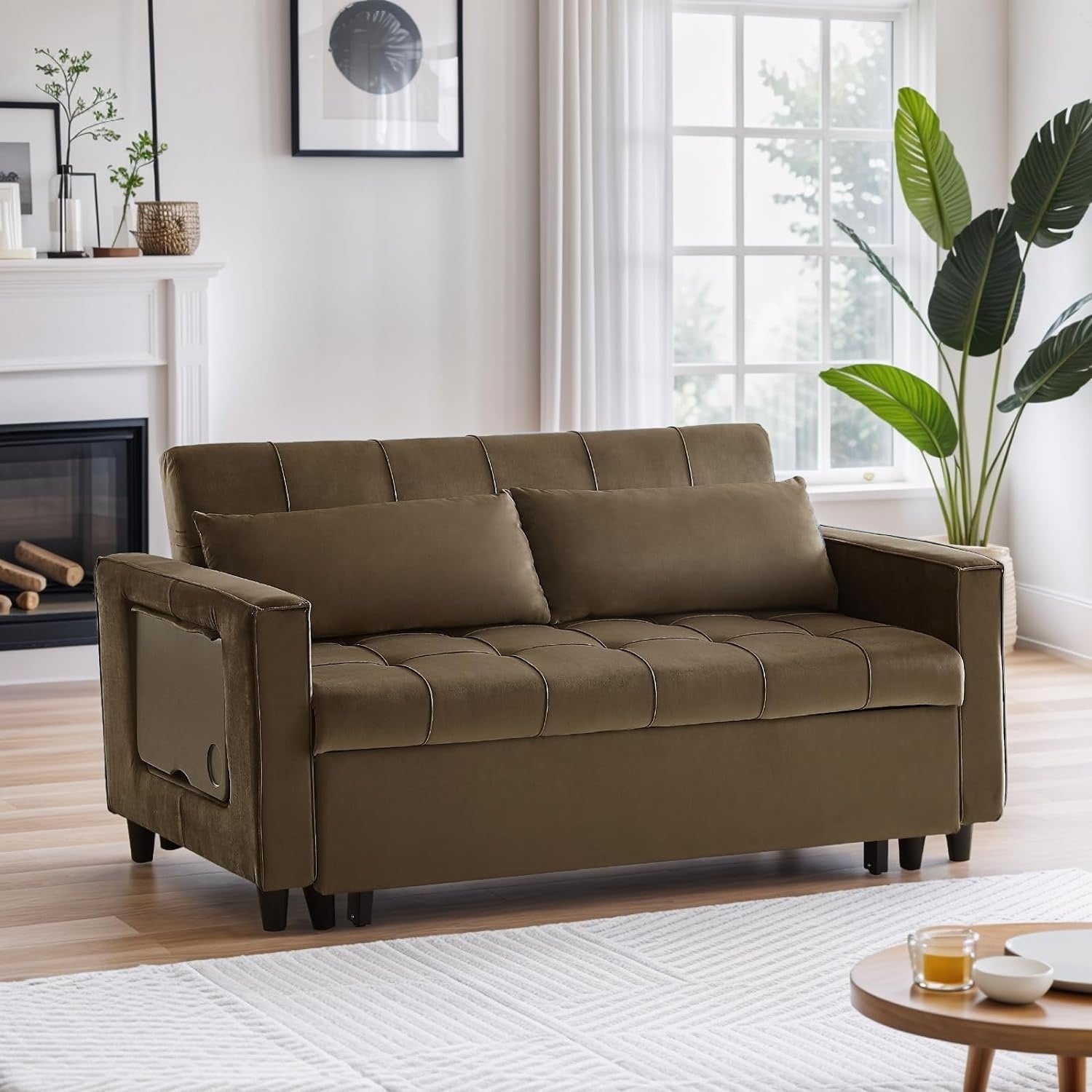 Canapé convertible en velours de 55 pouces, canapé-lit 3 en 1 avec lit escamotable/accoudoir réglable, table d'appoint et 2 coussins lombaires.