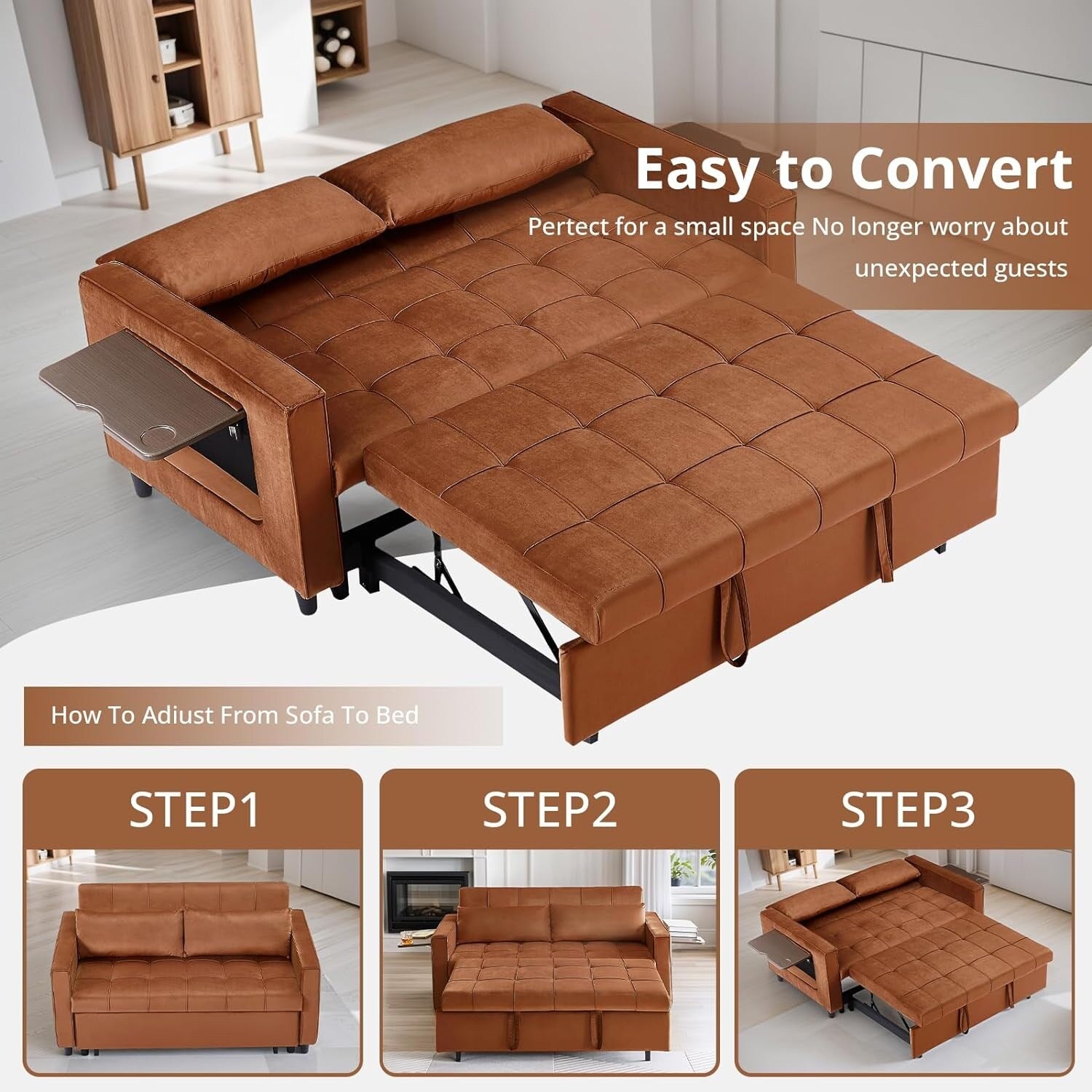 Canapé convertible en velours de 55 pouces, canapé-lit 3 en 1 avec lit escamotable/accoudoir réglable, table d'appoint et 2 coussins lombaires.