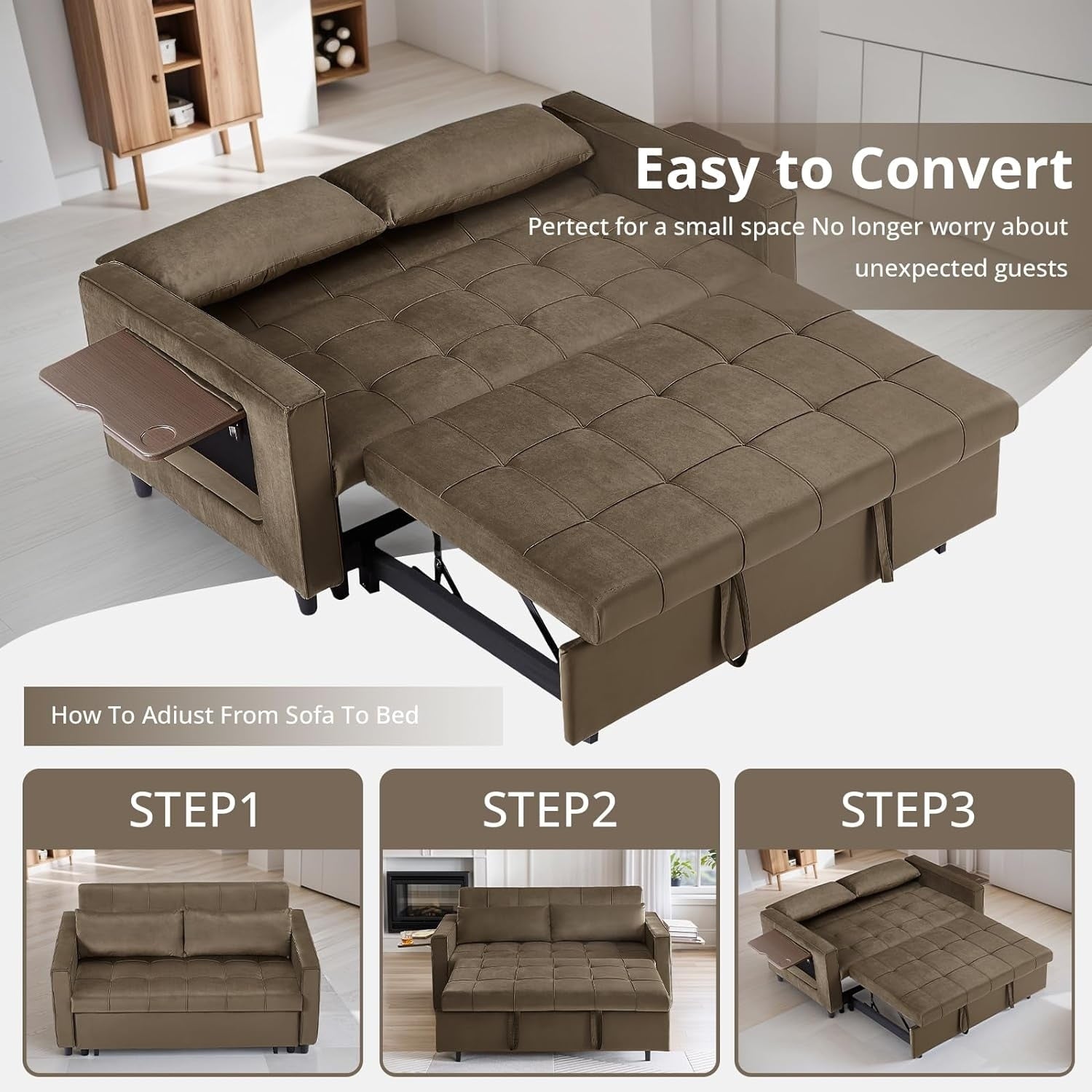 Canapé convertible en velours de 55 pouces, canapé-lit 3 en 1 avec lit escamotable/accoudoir réglable, table d'appoint et 2 coussins lombaires.