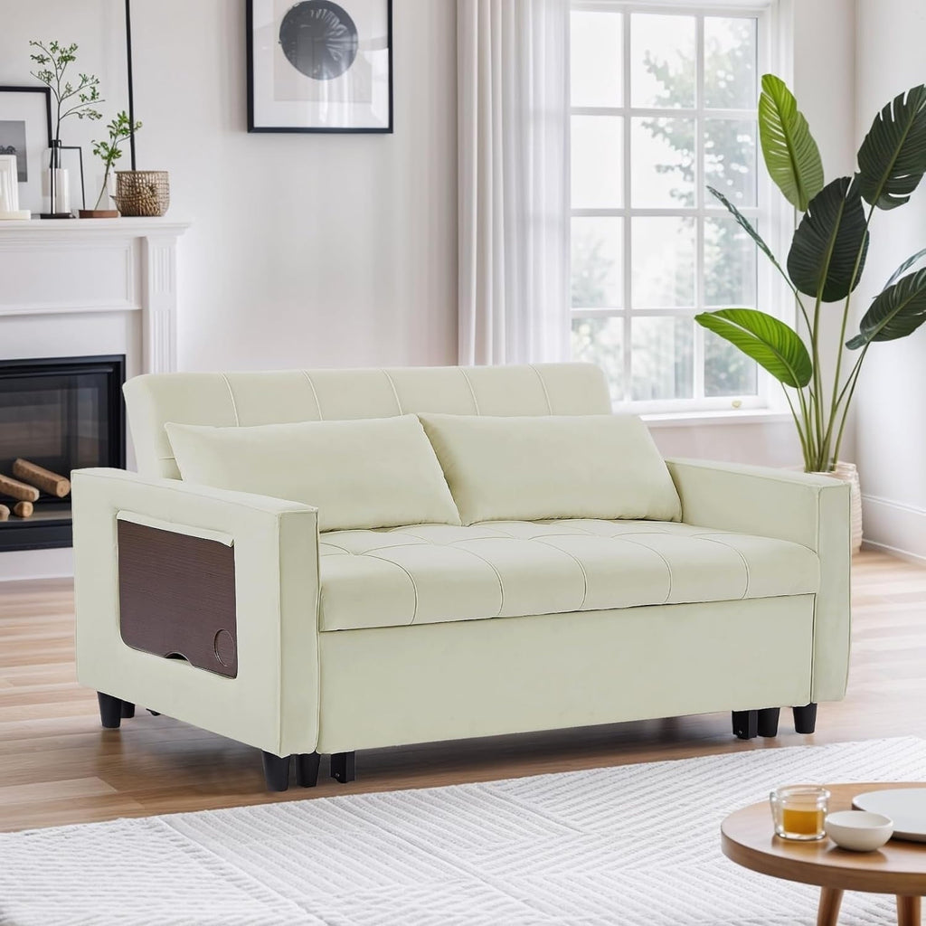 Canapé convertible en velours de 55 pouces, canapé-lit 3 en 1 avec lit escamotable/accoudoir réglable, table d'appoint et 2 coussins lombaires.