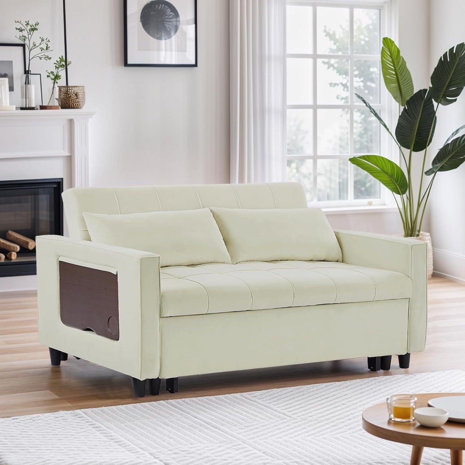 Canapé convertible en velours de 55 pouces, canapé-lit 3 en 1 avec lit escamotable/accoudoir réglable, table d'appoint et 2 coussins lombaires.
