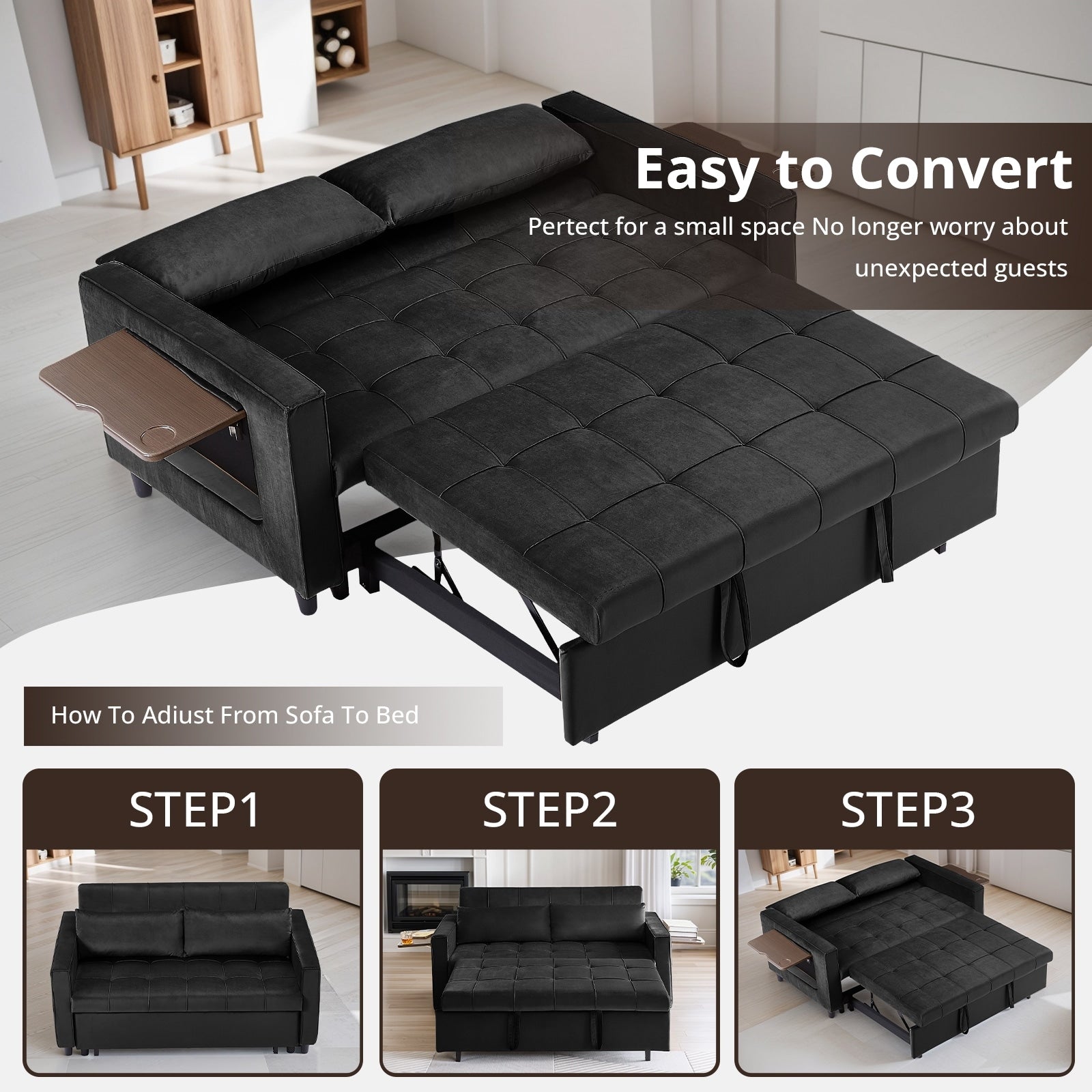 Canapé convertible en velours de 55 pouces, canapé-lit 3 en 1 avec lit escamotable/accoudoir réglable, table d'appoint et 2 coussins lombaires.