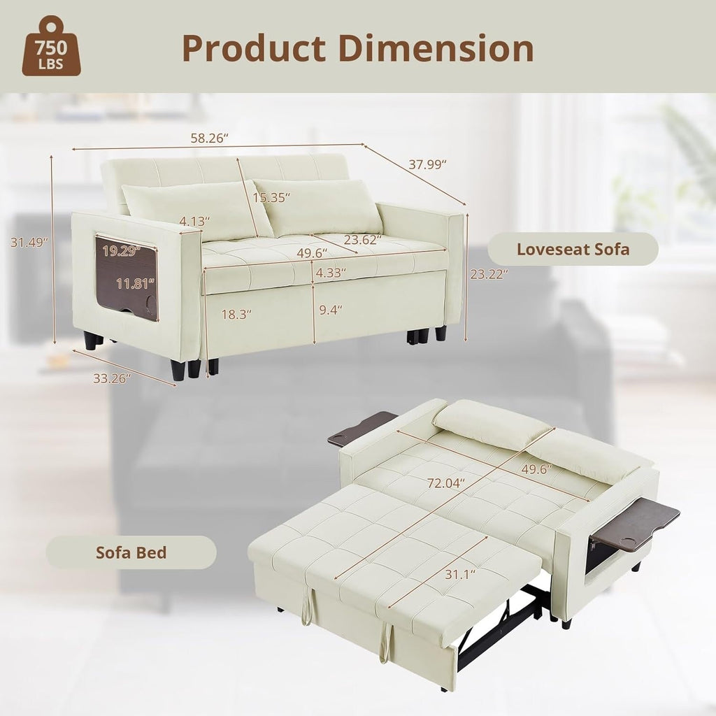 Canapé convertible en velours de 55 pouces, canapé-lit 3 en 1 avec lit escamotable/accoudoir réglable, table d'appoint et 2 coussins lombaires.
