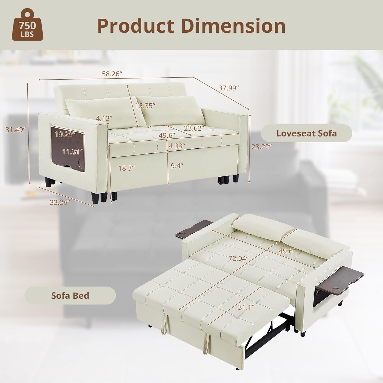 Canapé convertible en velours de 55 pouces, canapé-lit 3 en 1 avec lit escamotable/accoudoir réglable, table d'appoint et 2 coussins lombaires.