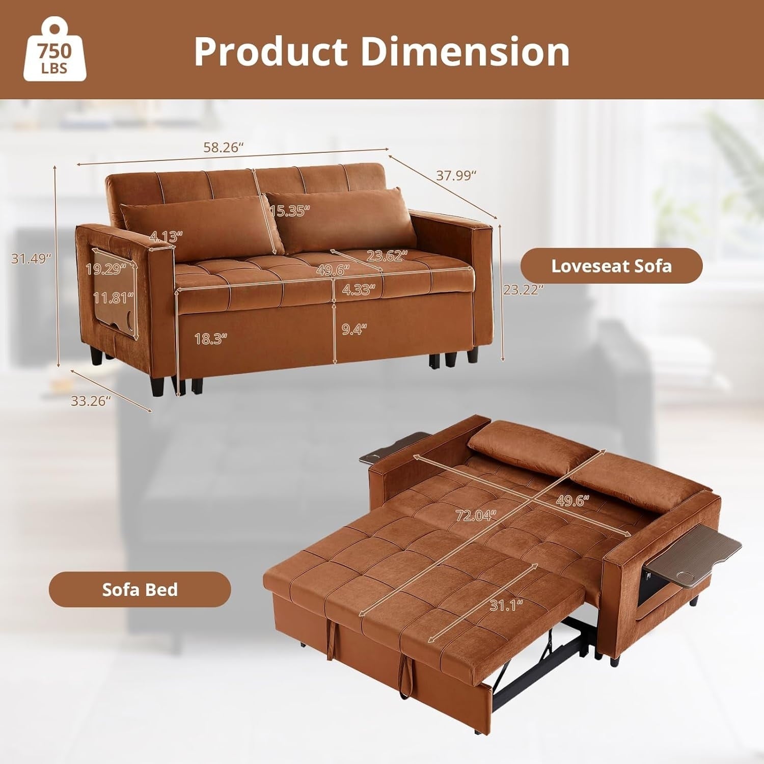 Canapé convertible en velours de 55 pouces, canapé-lit 3 en 1 avec lit escamotable/accoudoir réglable, table d'appoint et 2 coussins lombaires.
