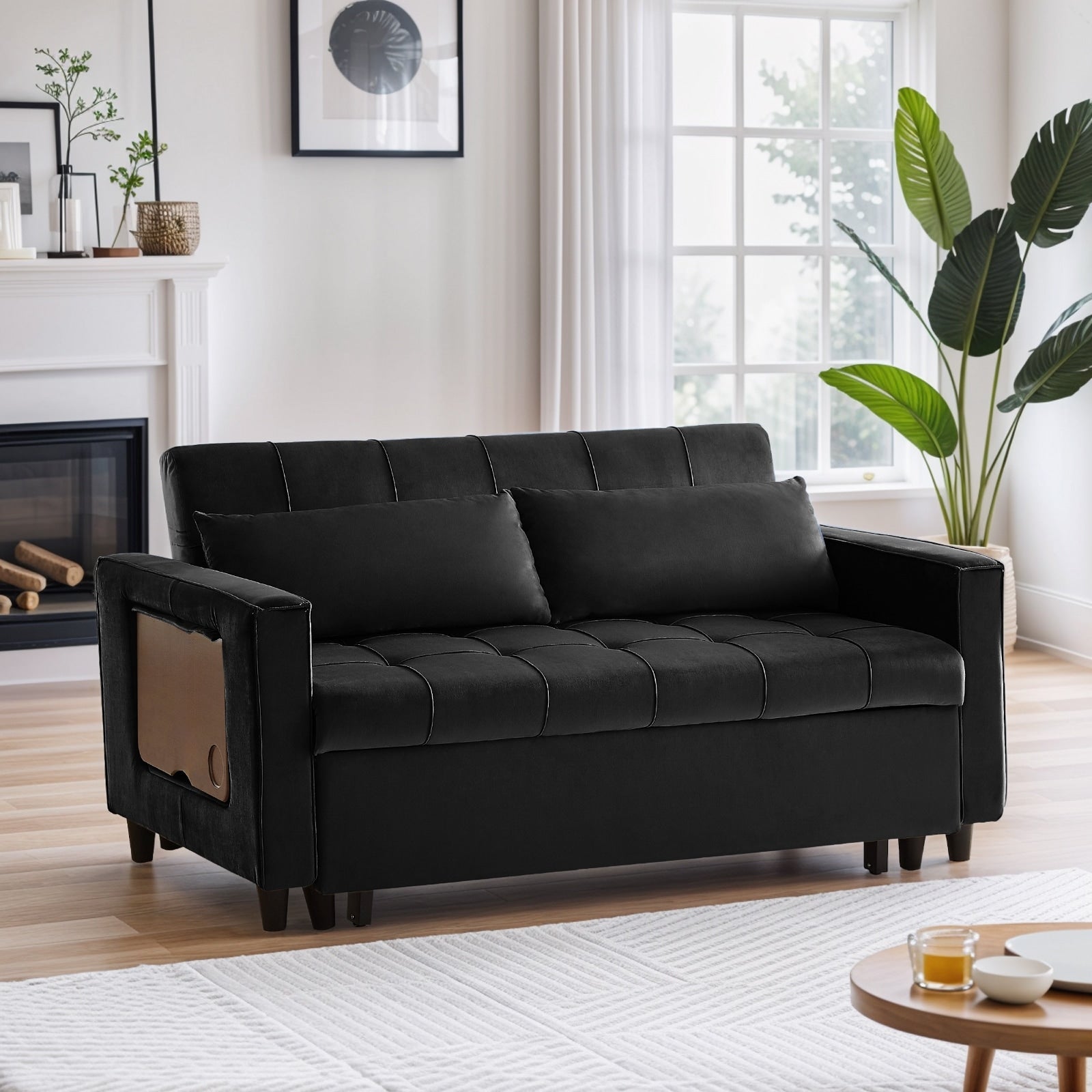 Canapé convertible en velours de 55 pouces, canapé-lit 3 en 1 avec lit escamotable/accoudoir réglable, table d'appoint et 2 coussins lombaires.