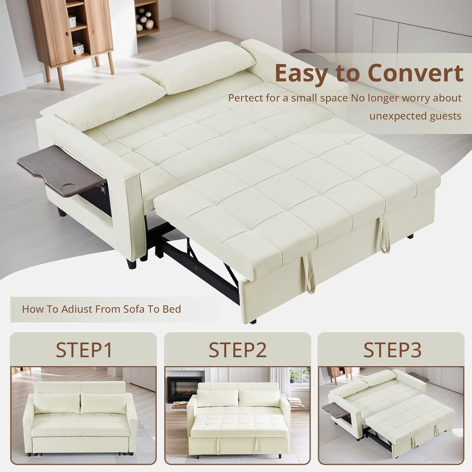 Canapé convertible en velours de 55 pouces, canapé-lit 3 en 1 avec lit escamotable/accoudoir réglable, table d'appoint et 2 coussins lombaires.