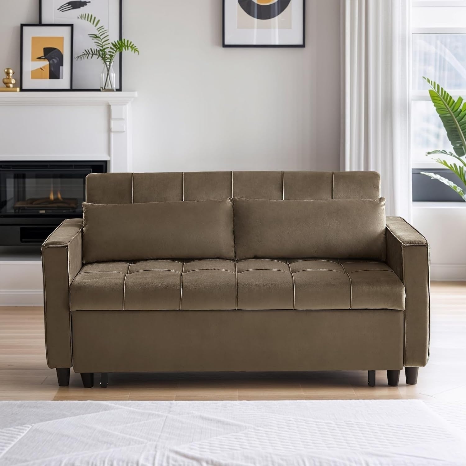 Canapé convertible en velours de 55 pouces, canapé-lit 3 en 1 avec lit escamotable/accoudoir réglable, table d'appoint et 2 coussins lombaires.
