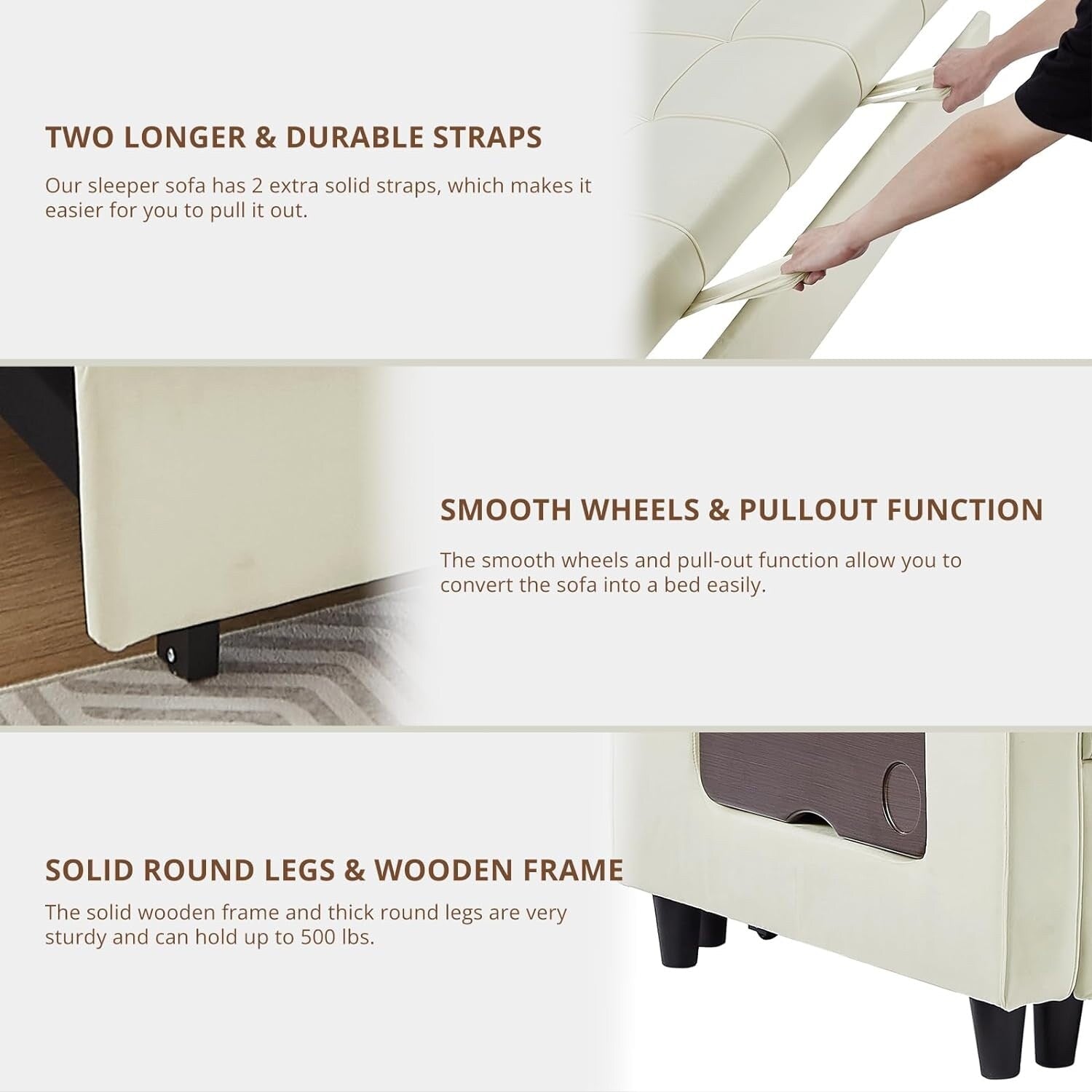 Canapé convertible en velours de 55 pouces, canapé-lit 3 en 1 avec lit escamotable/accoudoir réglable, table d'appoint et 2 coussins lombaires.