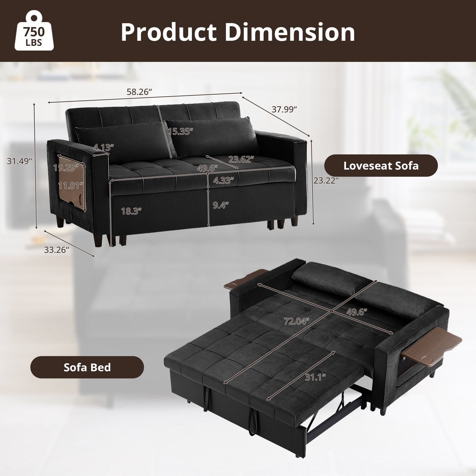 Canapé convertible en velours de 55 pouces, canapé-lit 3 en 1 avec lit escamotable/accoudoir réglable, table d'appoint et 2 coussins lombaires.