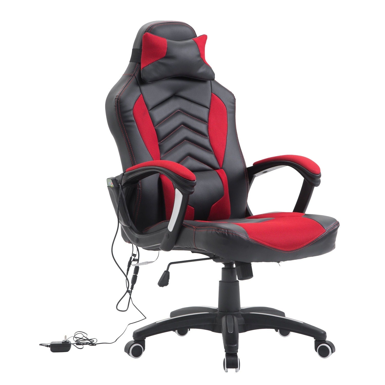 Chaise de jeu informatique avec massage vibratoire à 6 points, 5 modes, style de course, chaise de bureau chauffante pivotante et inclinable avec repose-tête.