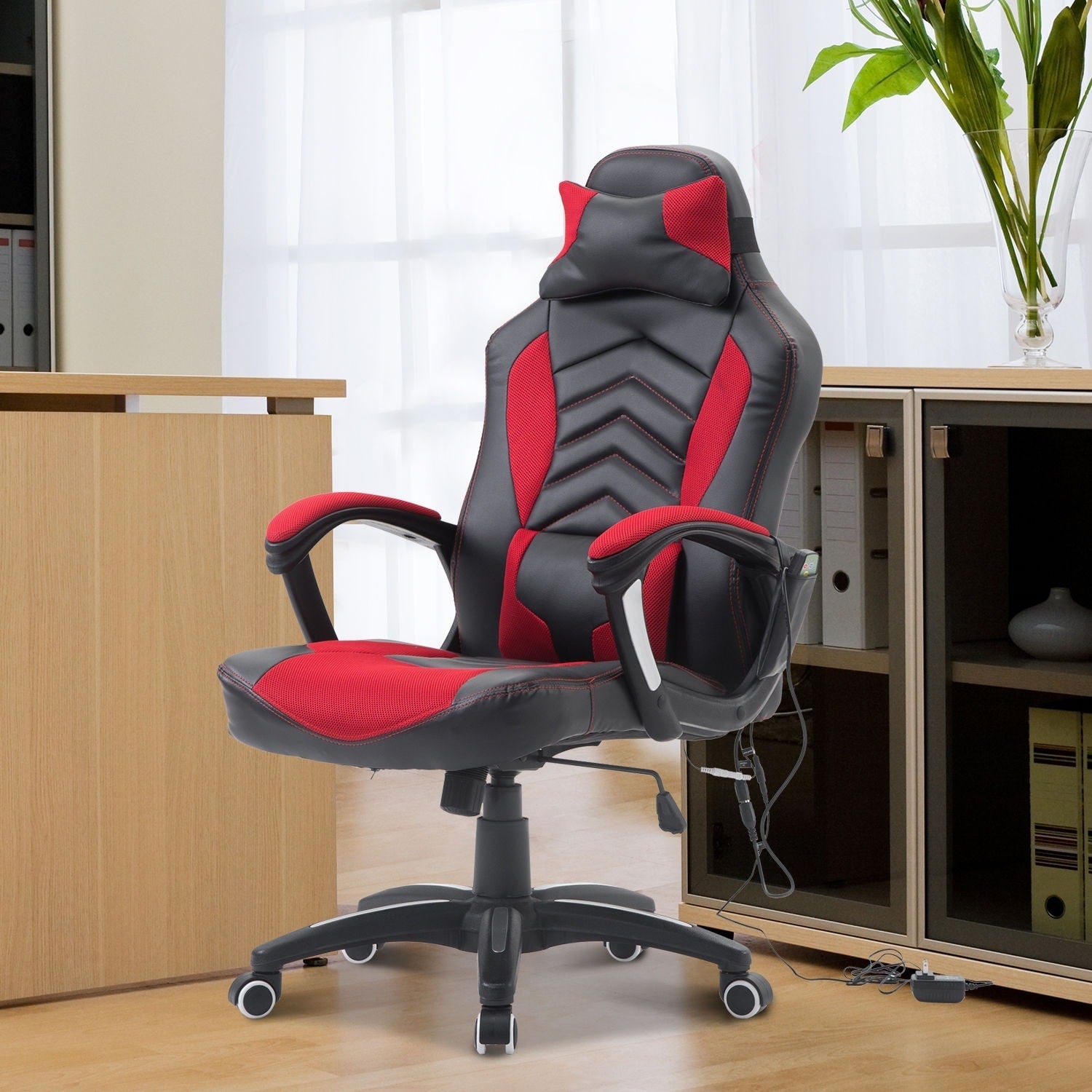 Chaise de jeu informatique avec massage vibratoire à 6 points, 5 modes, style de course, chaise de bureau chauffante pivotante et inclinable avec repose-tête.