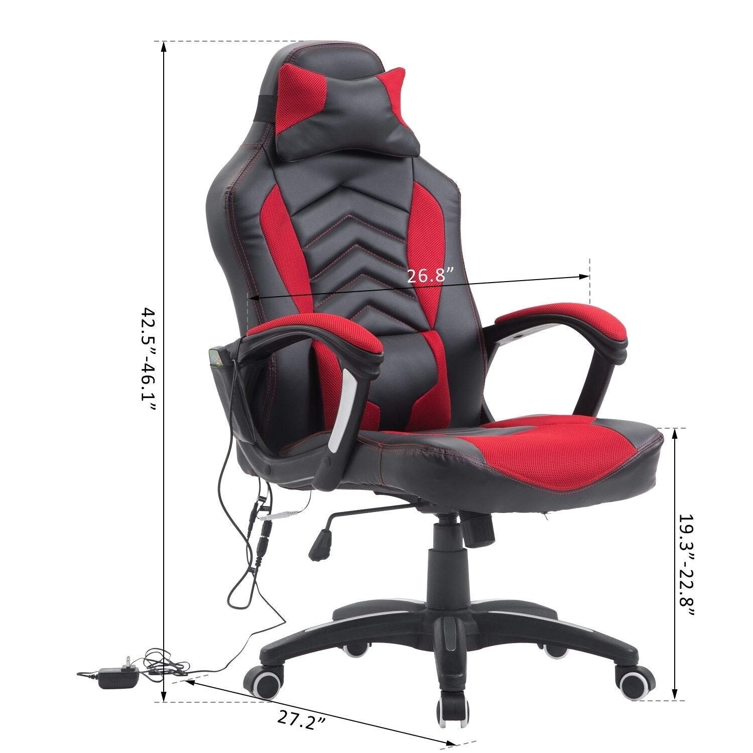 Chaise de jeu informatique avec massage vibratoire à 6 points, 5 modes, style de course, chaise de bureau chauffante pivotante et inclinable avec repose-tête.
