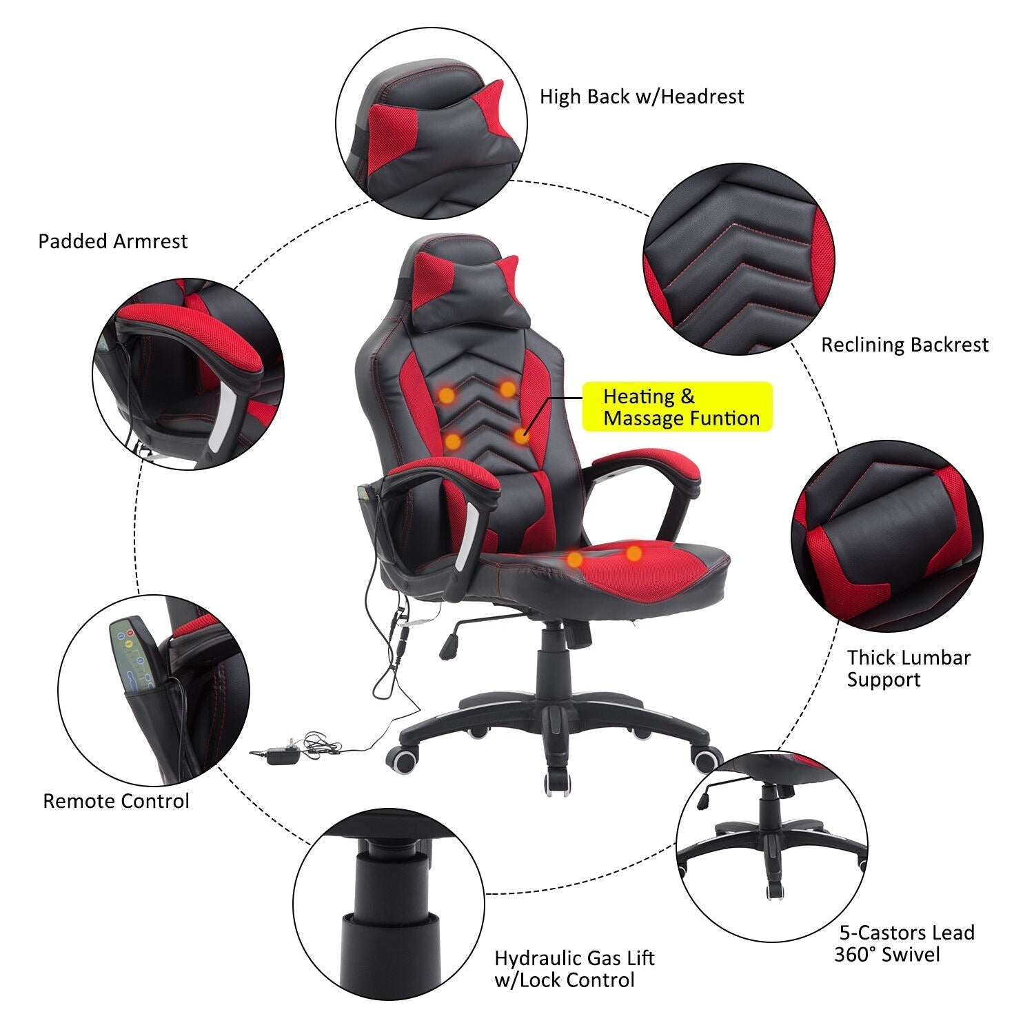 Chaise de jeu informatique avec massage vibratoire à 6 points, 5 modes, style de course, chaise de bureau chauffante pivotante et inclinable avec repose-tête.