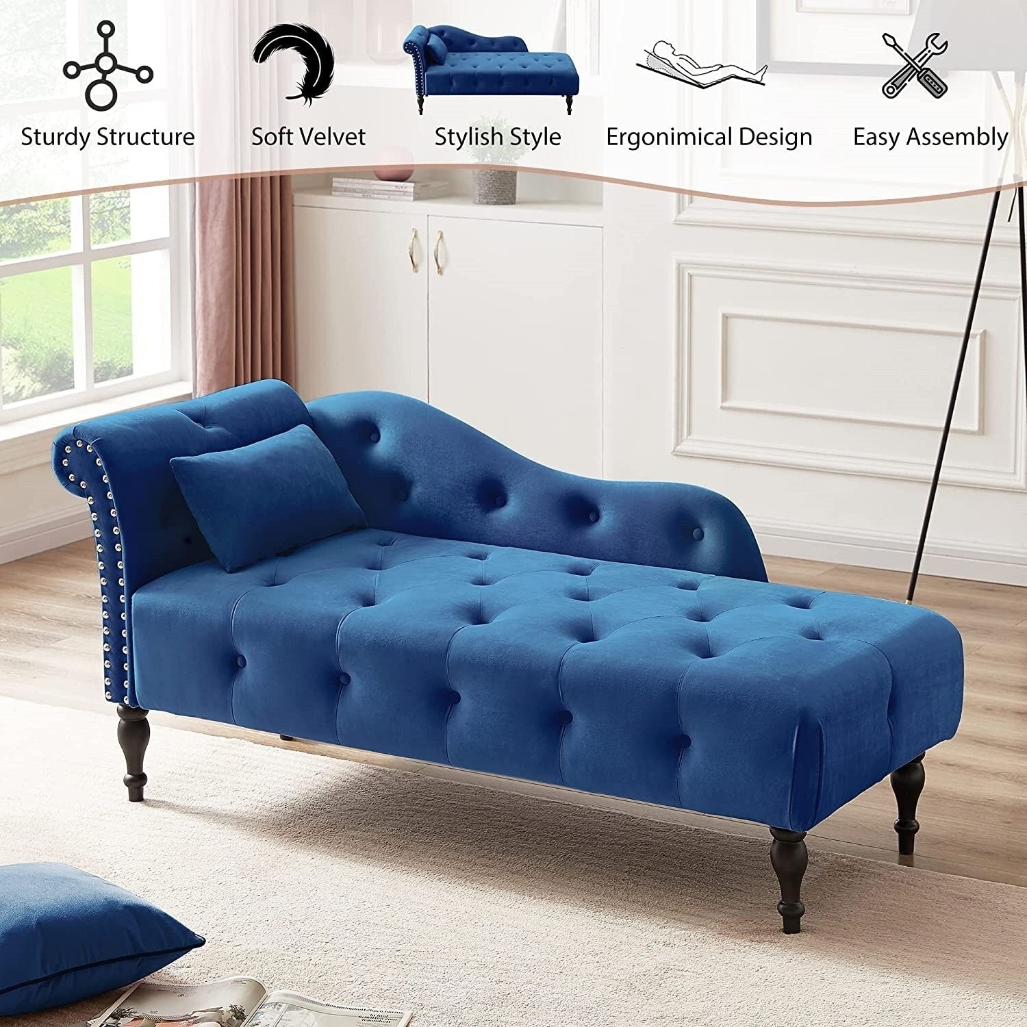 Chaise longue en velours 61 avec 1 coussin et garniture à clous cloutés
