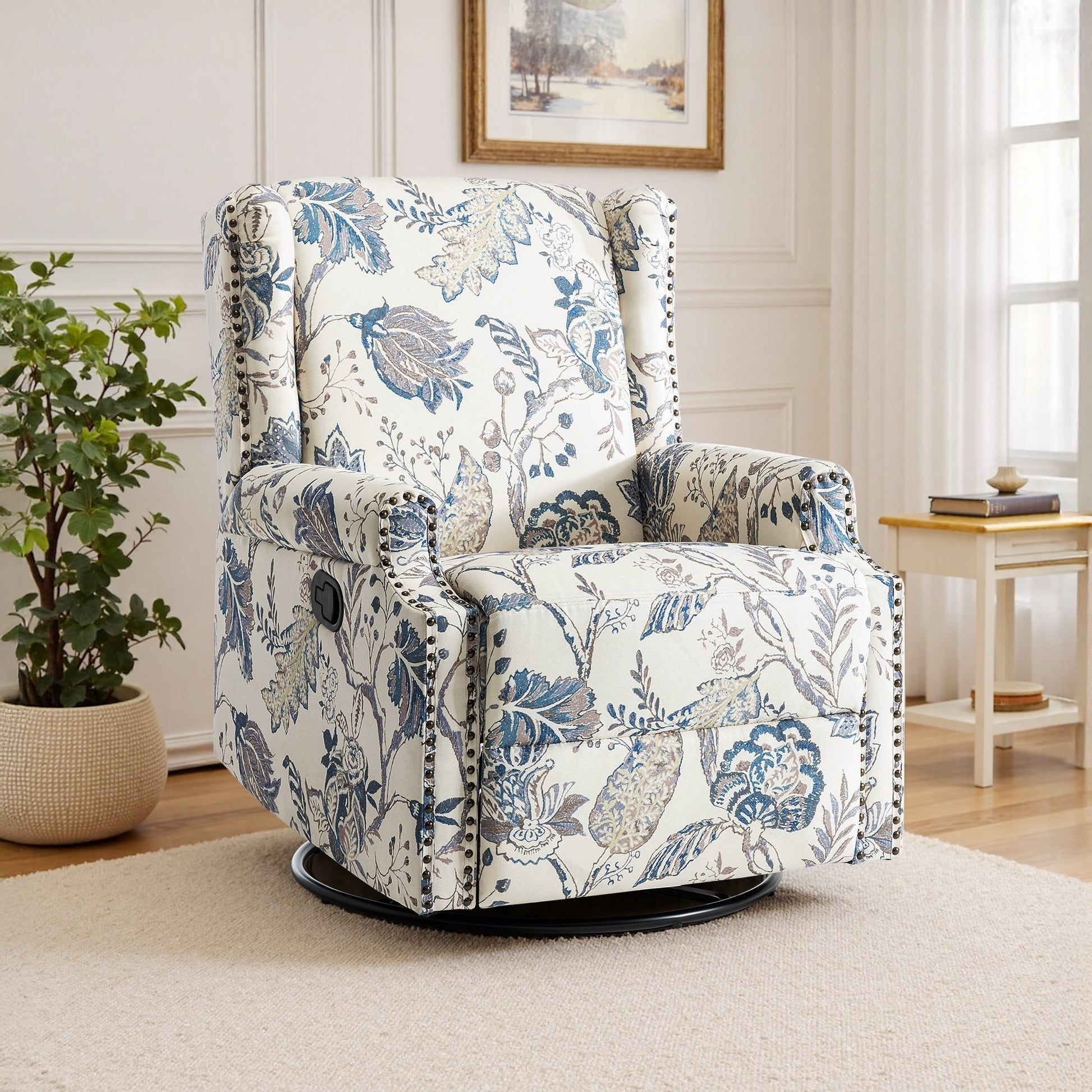 Fauteuil inclinable à bascule manuel avec dossier inclinable, motif floral, pivotant, 73,66 cm de large.