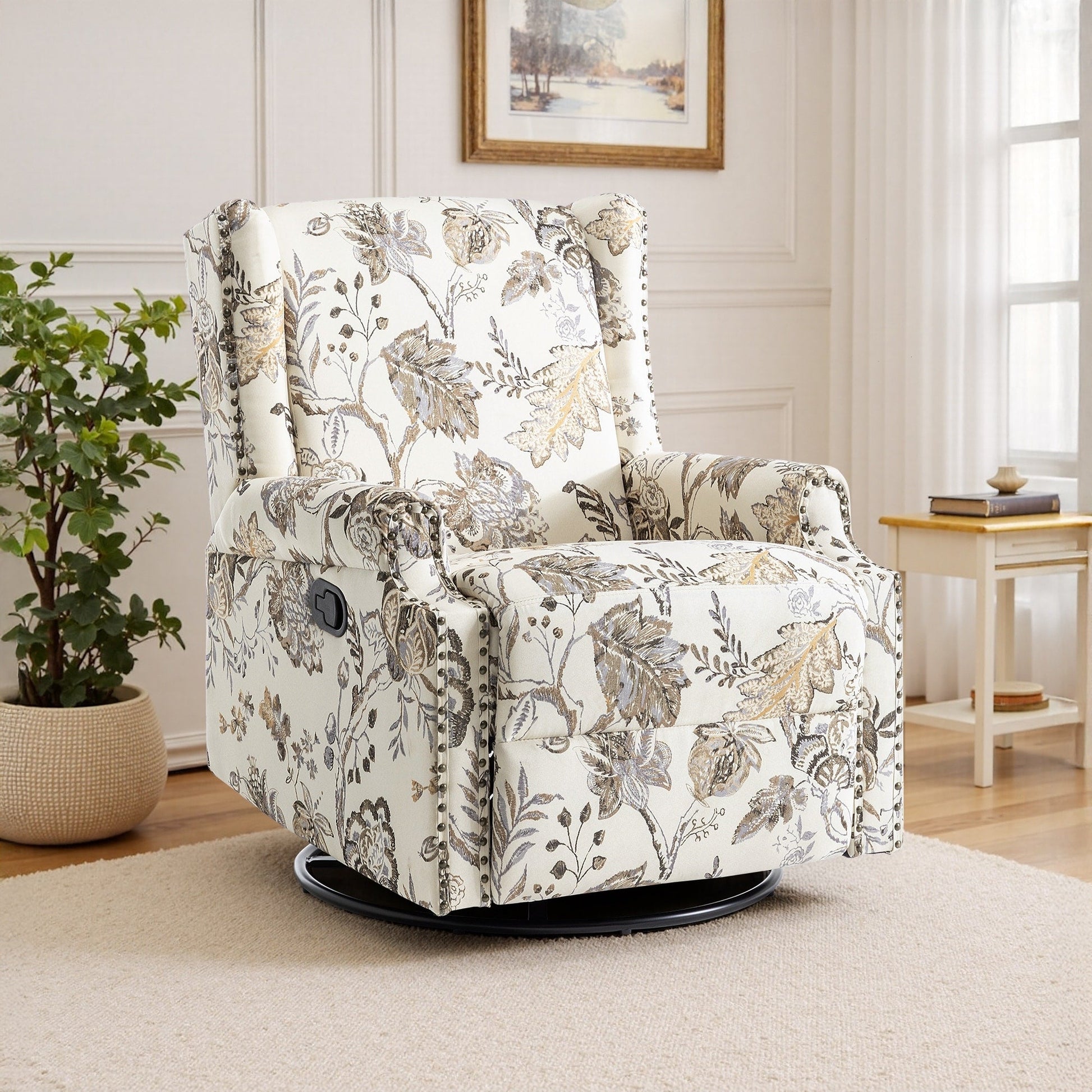 Fauteuil inclinable à bascule manuel avec dossier inclinable, motif floral, pivotant, 73,66 cm de large.