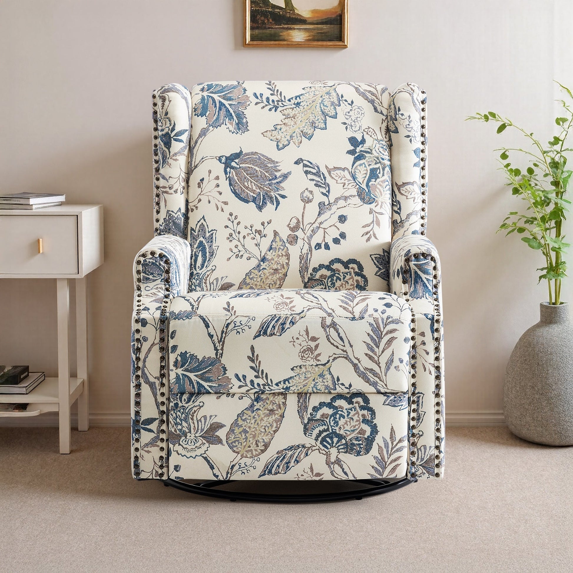 Fauteuil inclinable à bascule manuel avec dossier inclinable, motif floral, pivotant, 73,66 cm de large.