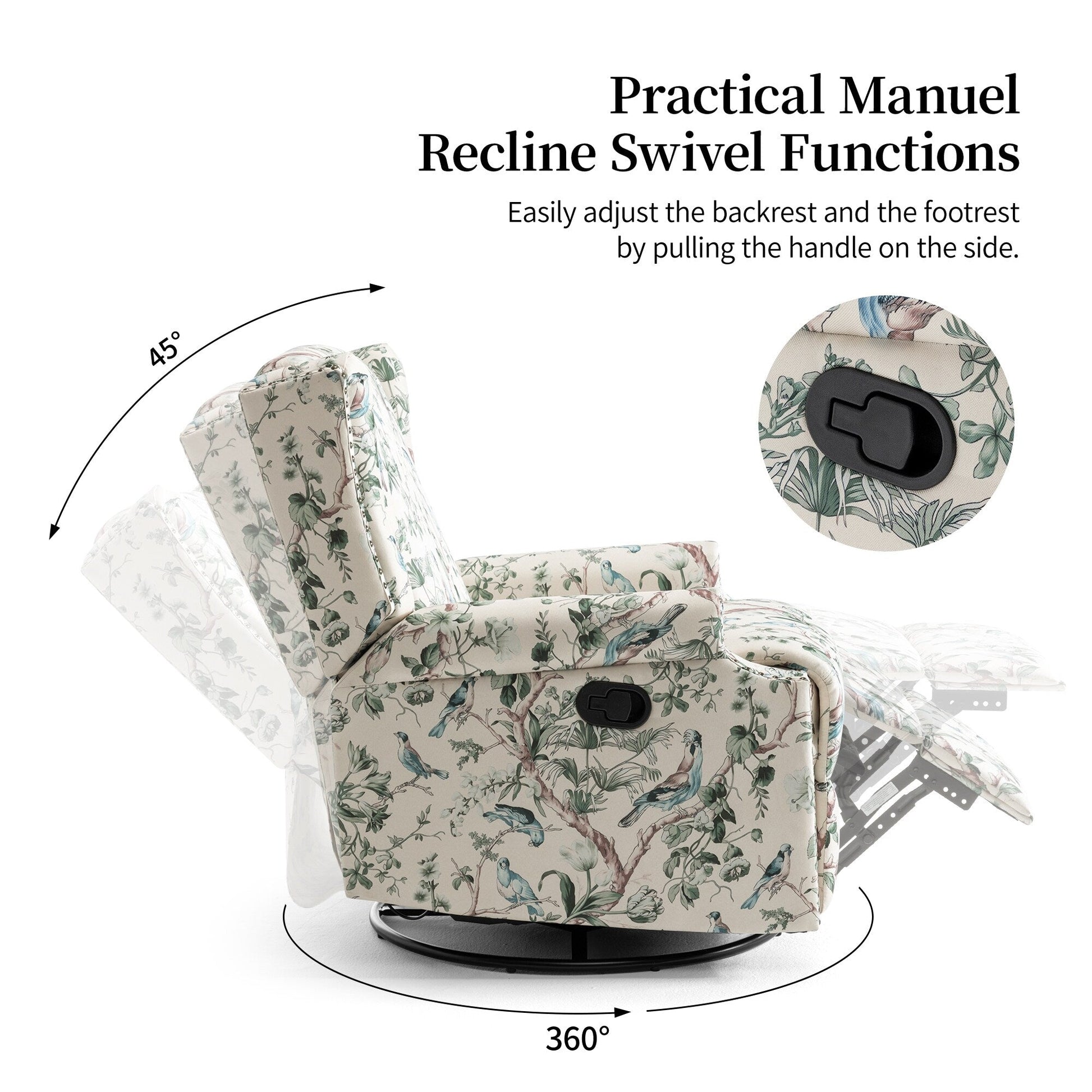 Fauteuil inclinable à bascule manuel avec dossier inclinable, motif floral, pivotant, 73,66 cm de large.