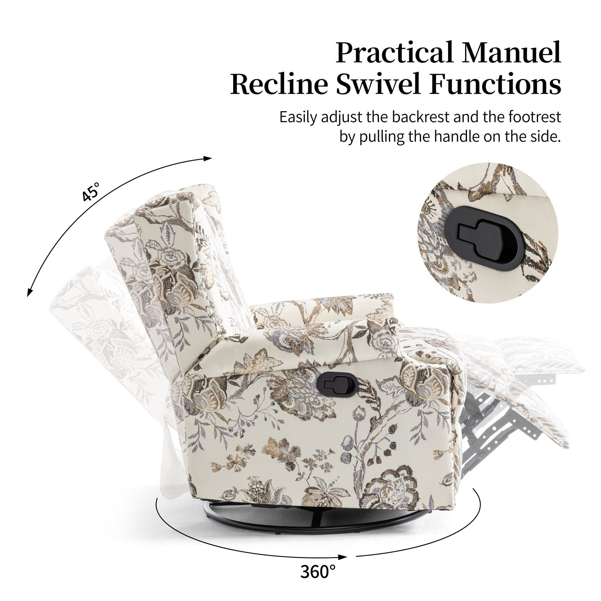 Fauteuil inclinable à bascule manuel avec dossier inclinable, motif floral, pivotant, 73,66 cm de large.