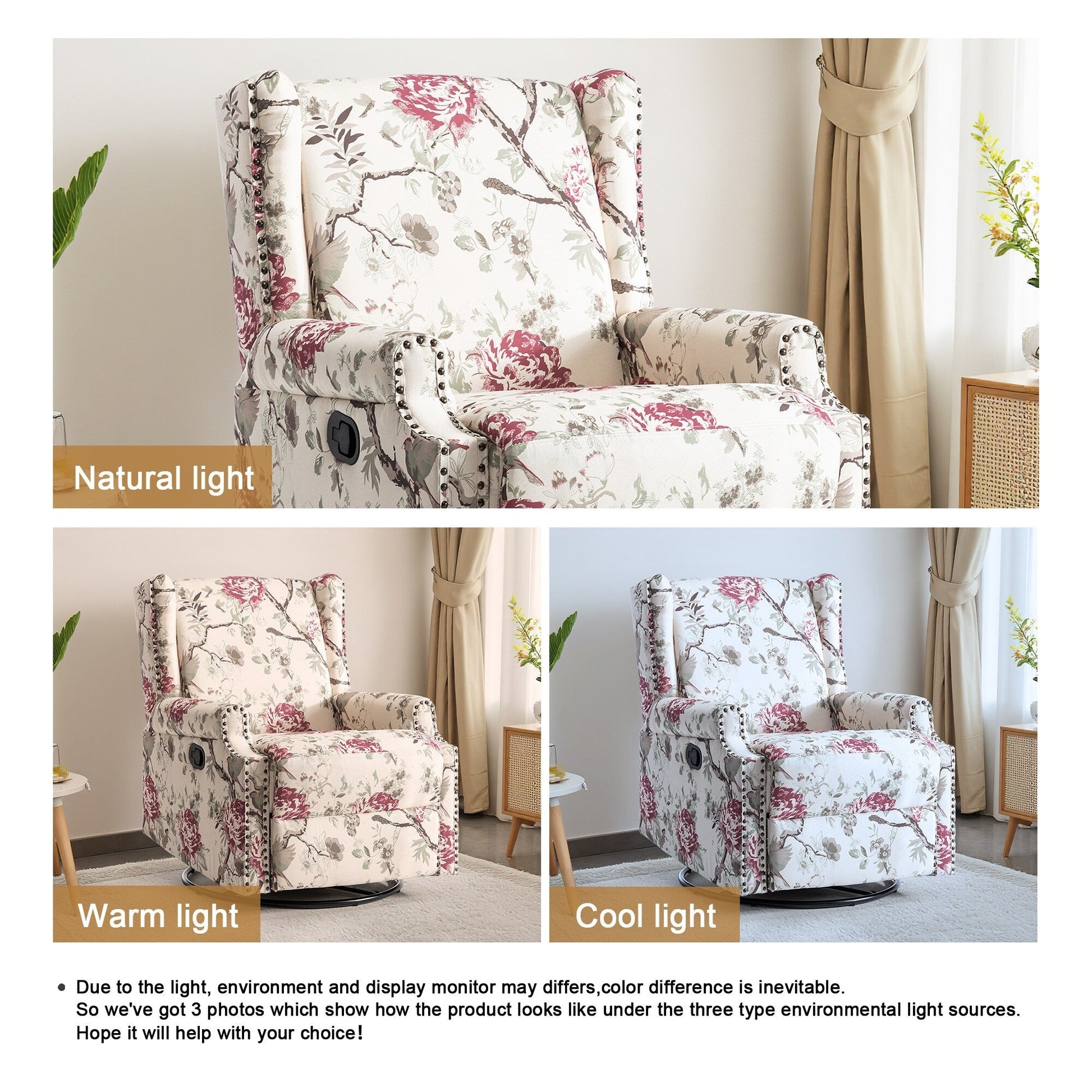 Fauteuil inclinable à bascule manuel avec dossier inclinable, motif floral, pivotant, 73,66 cm de large.