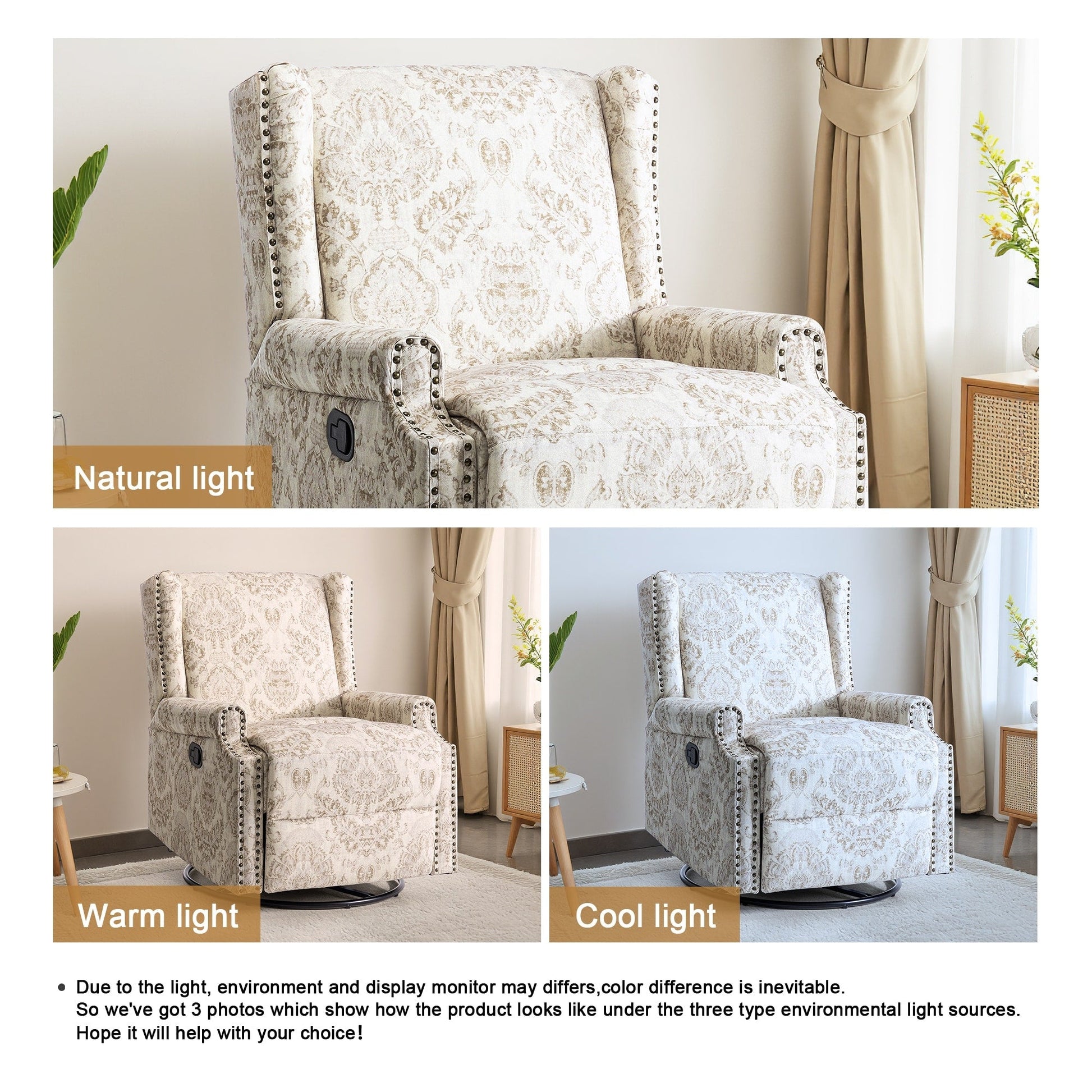 Fauteuil inclinable à bascule manuel avec dossier inclinable, motif floral, pivotant, 73,66 cm de large.