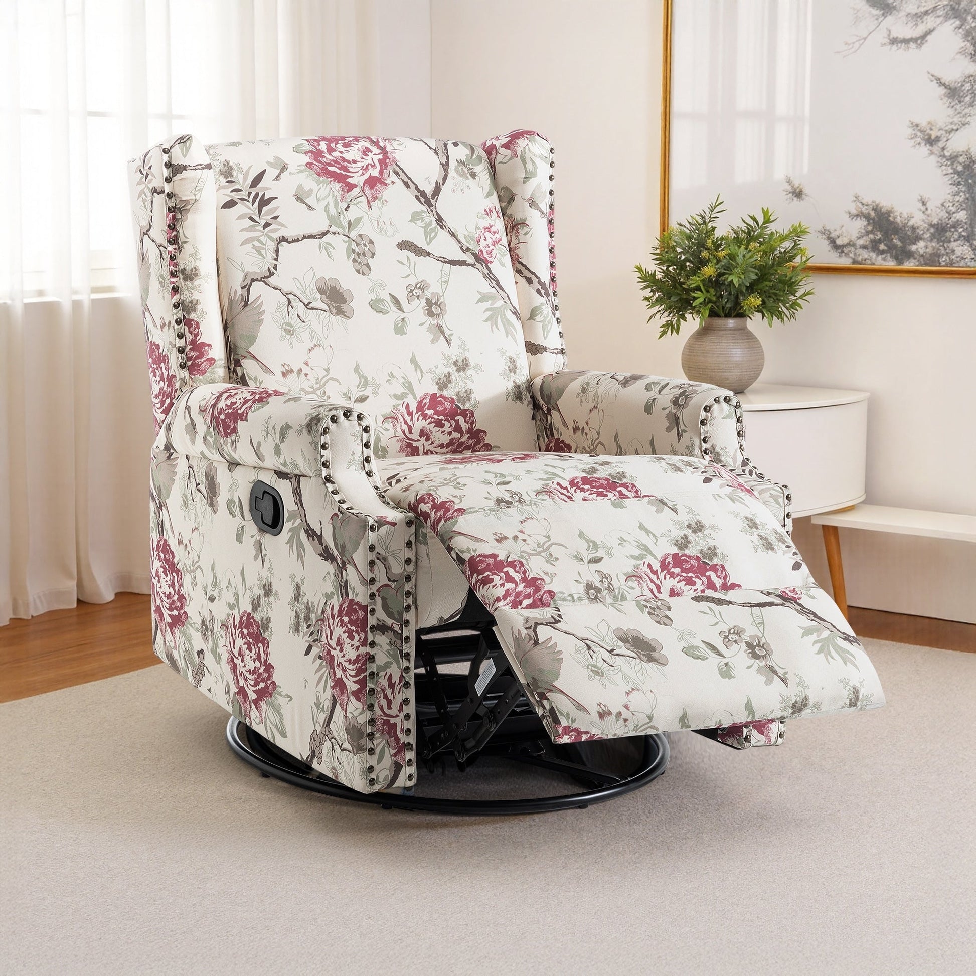 Fauteuil inclinable à bascule manuel avec dossier inclinable, motif floral, pivotant, 73,66 cm de large.