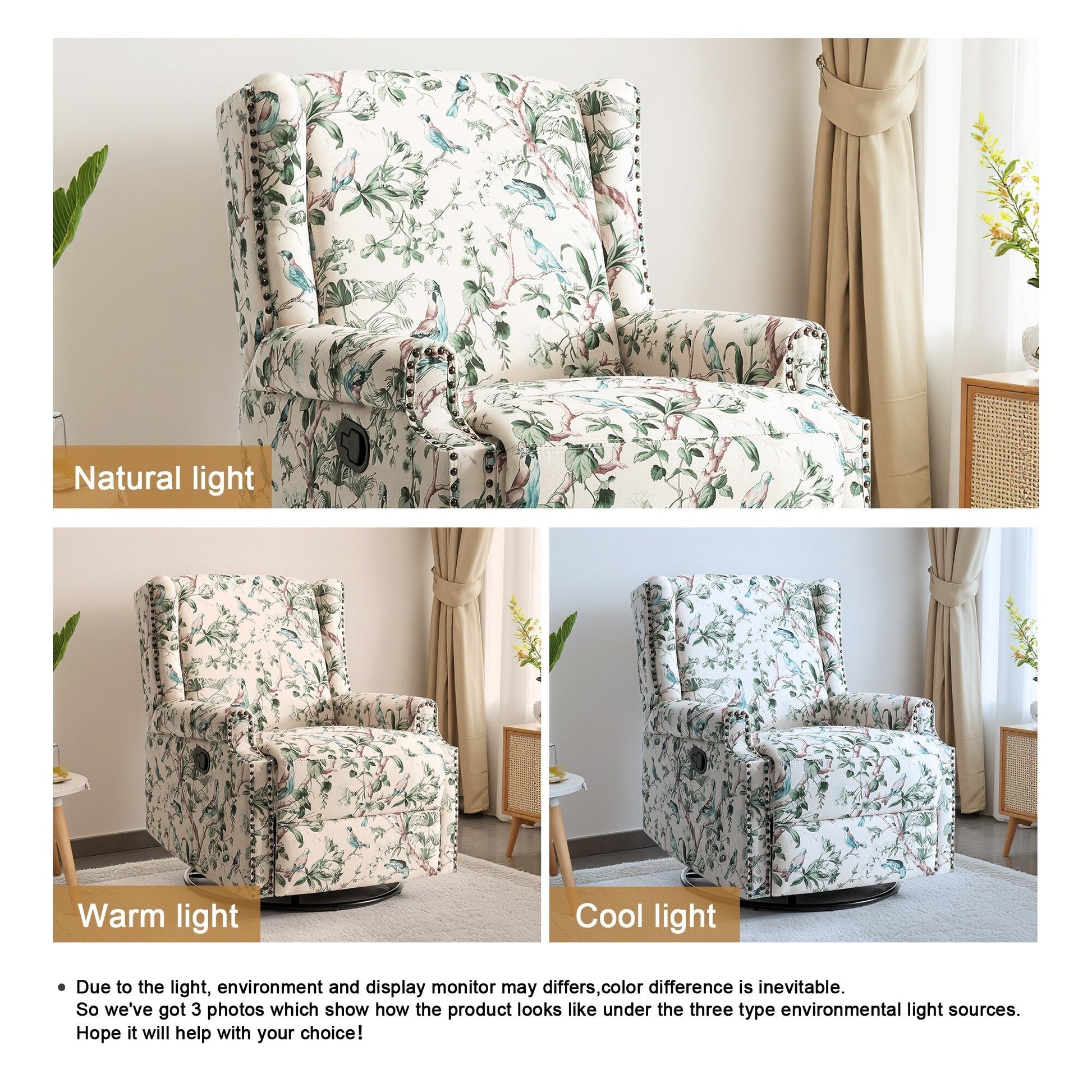 Fauteuil inclinable à bascule manuel avec dossier inclinable, motif floral, pivotant, 73,66 cm de large.