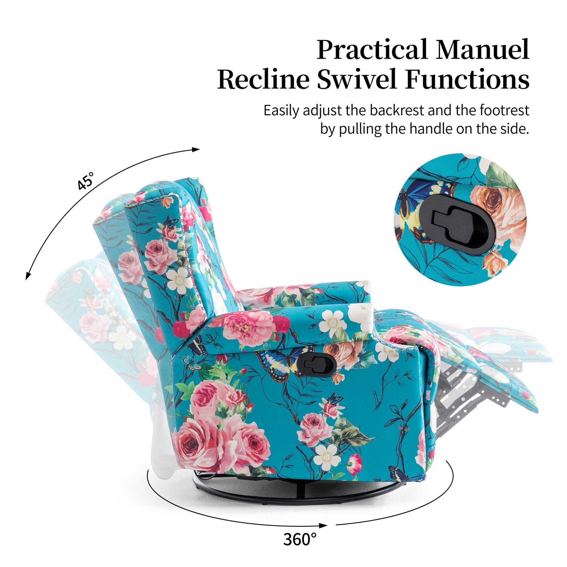 Fauteuil inclinable à bascule manuel avec dossier inclinable, motif floral, pivotant, 73,66 cm de large.