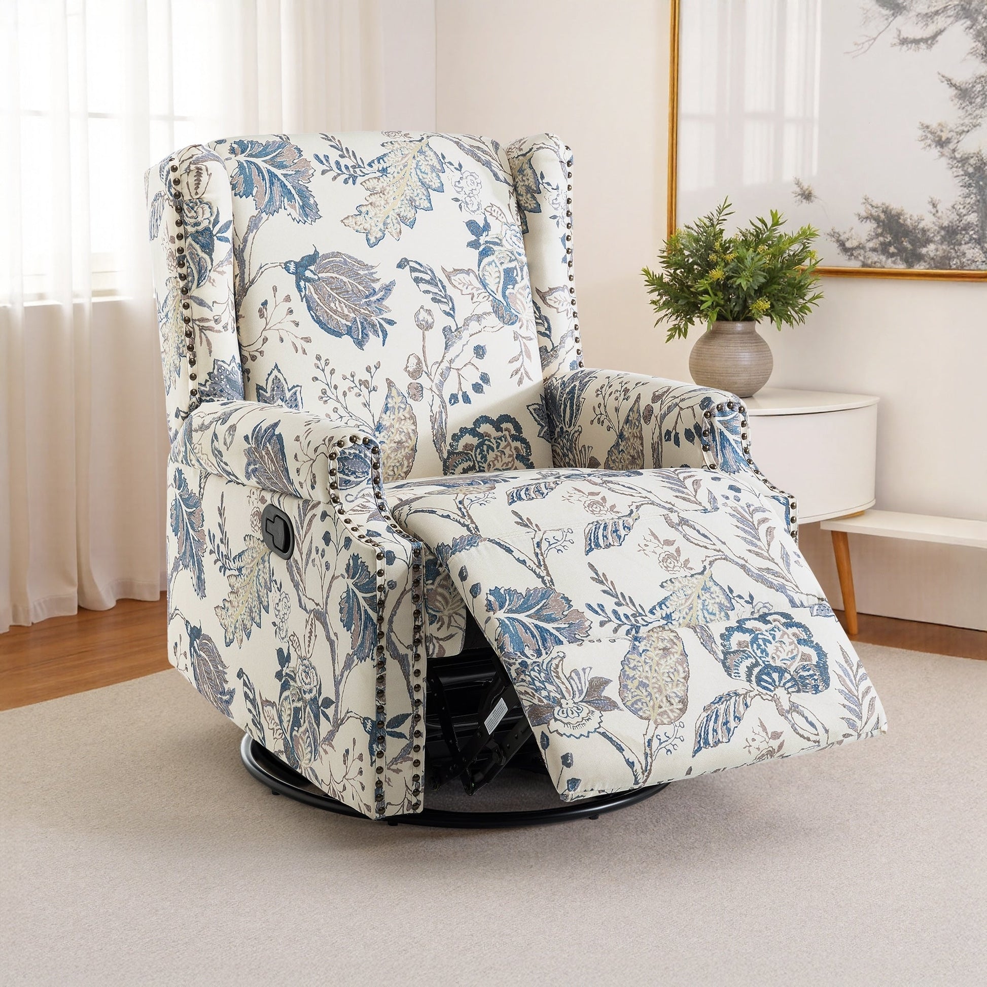 Fauteuil inclinable à bascule manuel avec dossier inclinable, motif floral, pivotant, 73,66 cm de large.