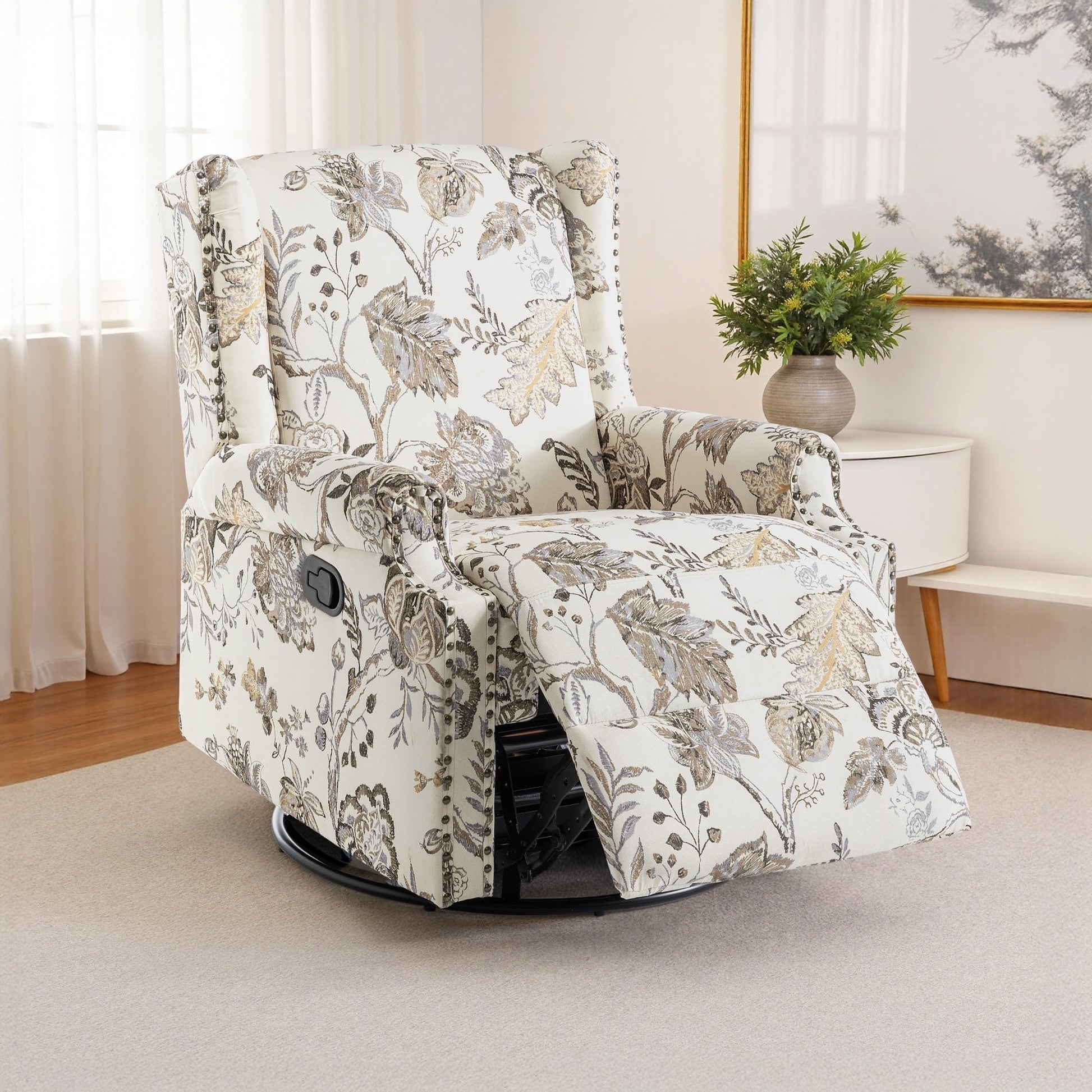 Fauteuil inclinable à bascule manuel avec dossier inclinable, motif floral, pivotant, 73,66 cm de large.