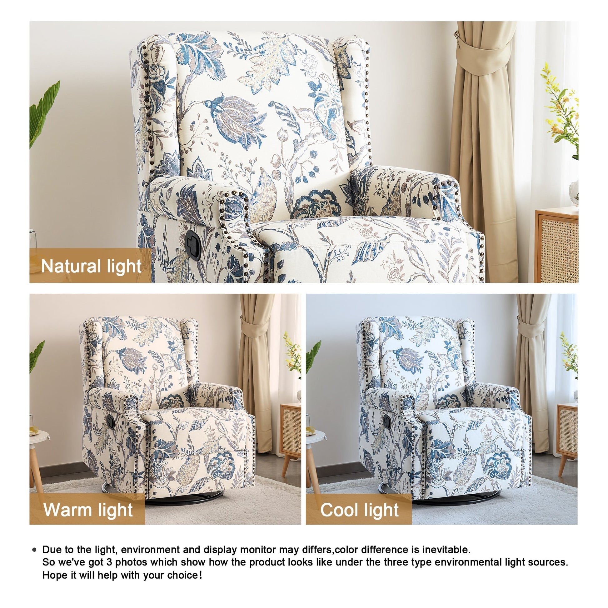 Fauteuil inclinable à bascule manuel avec dossier inclinable, motif floral, pivotant, 73,66 cm de large.